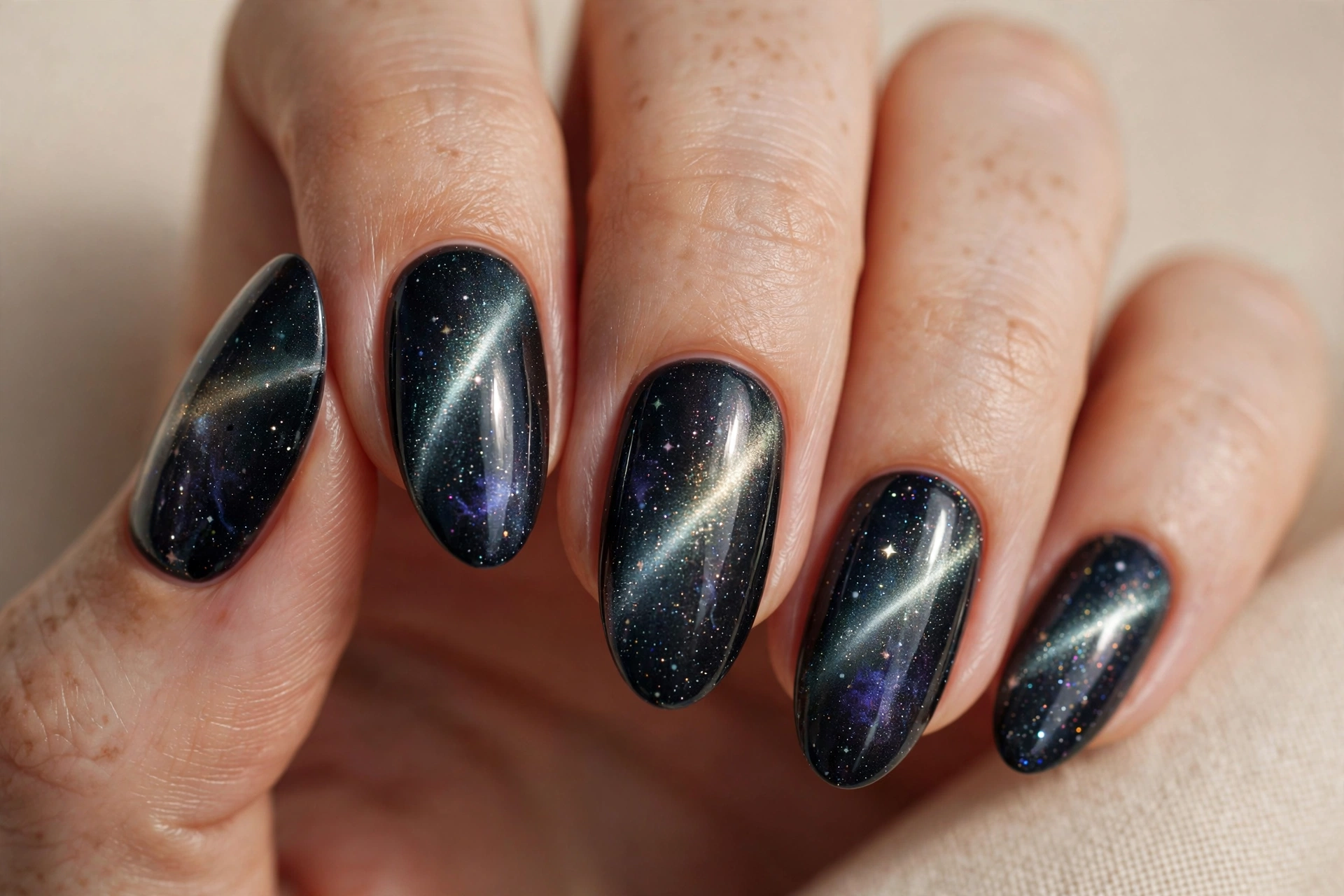 Galaxy cat eye nail design with cosmic dark polish and starry magnetic glow