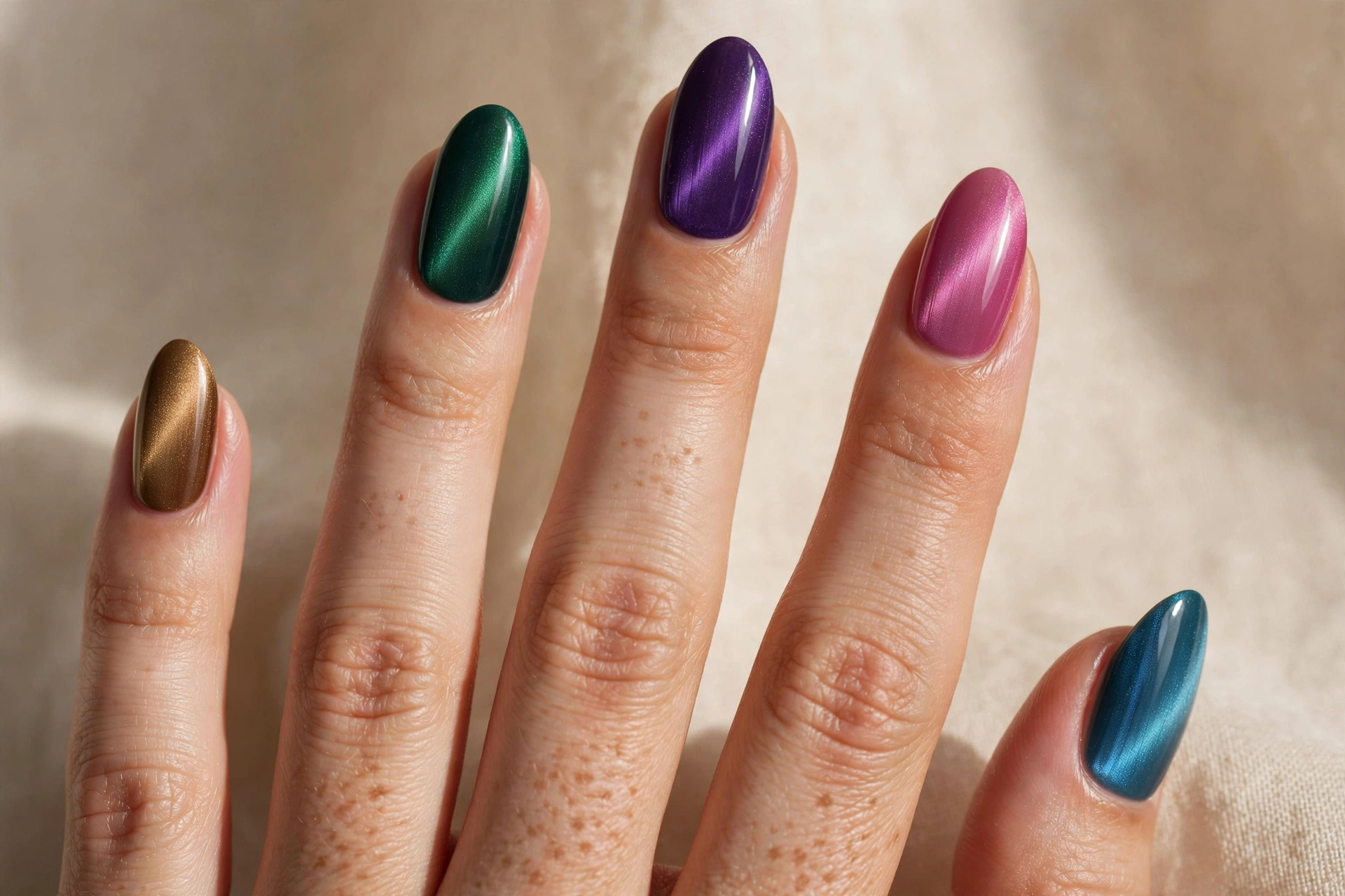 Mismatched cat eye skittle nail design with different magnetic shades on each finger