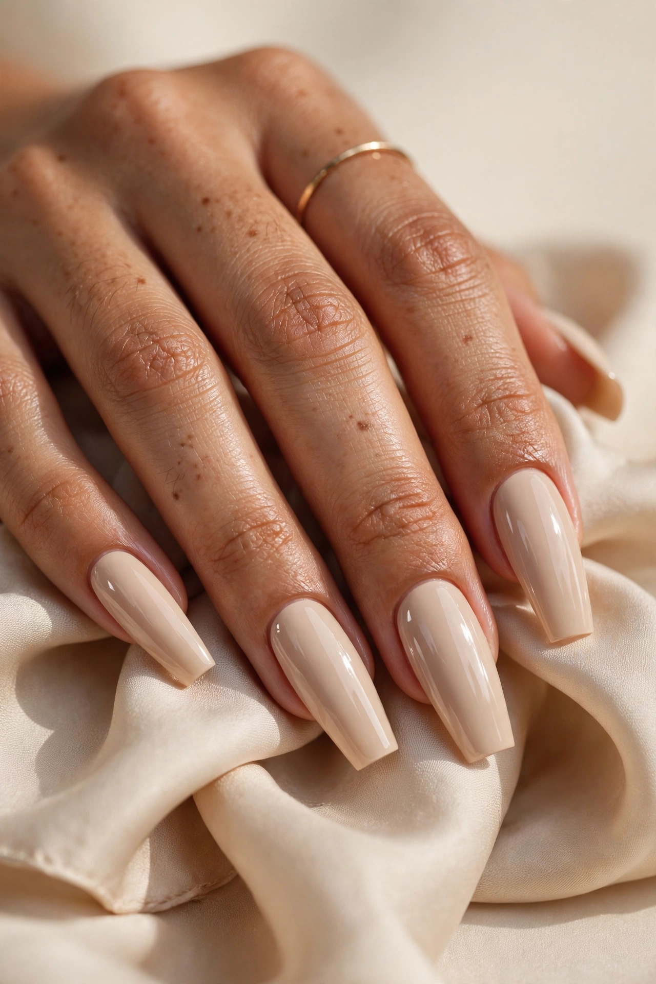 Classic nude coffin nails in creamy beige on long tapered nails