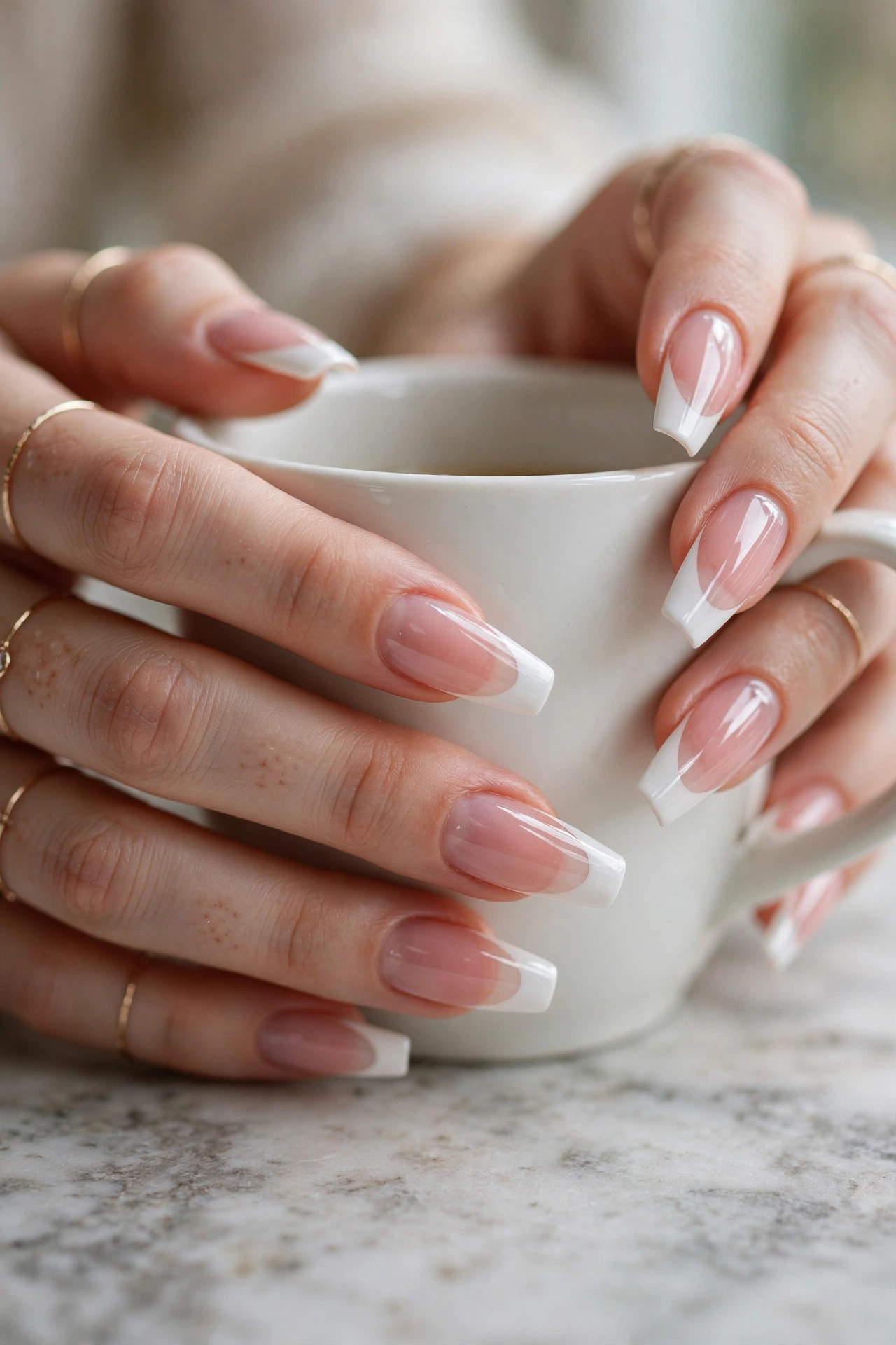 Modern French tip coffin nails with crisp white tips