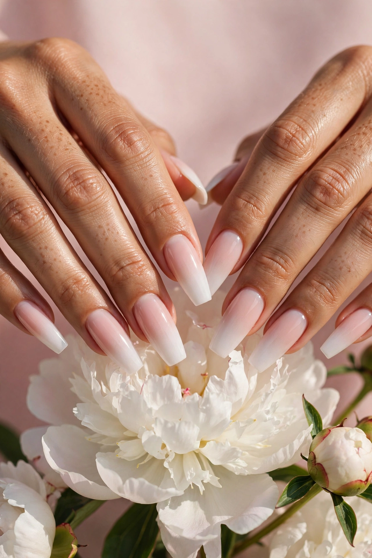 Baby boomer fade coffin nails blending blush pink to white