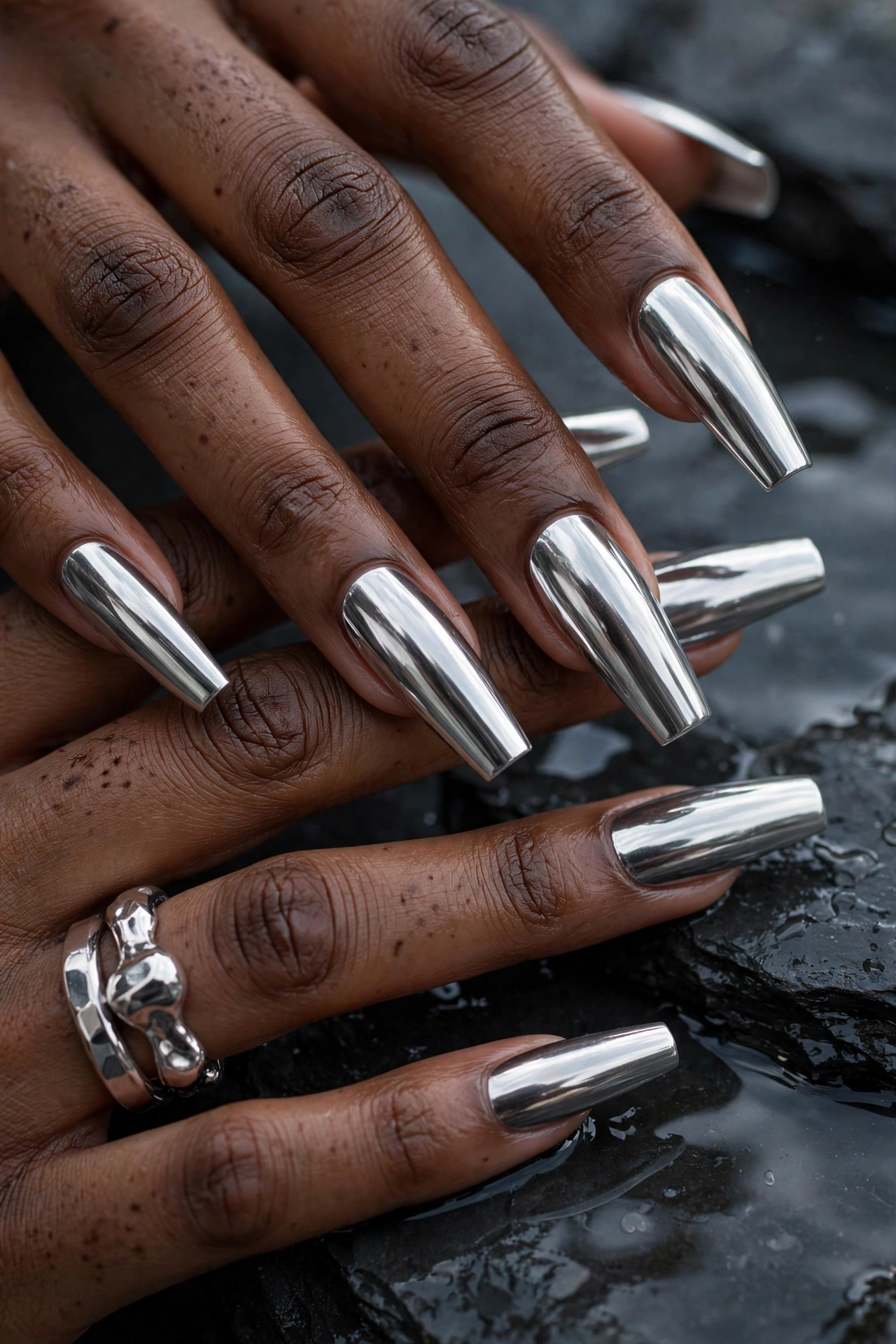 Chrome glazed coffin nails with mirror-like silver shine