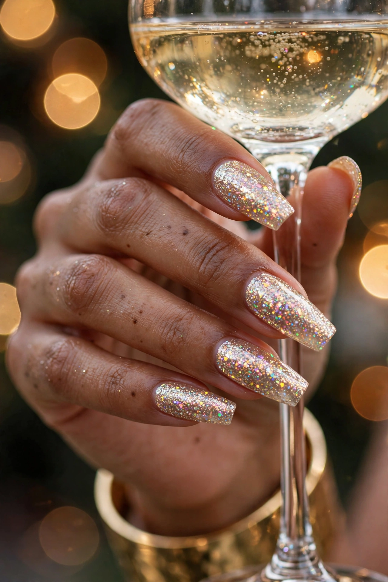 Sparkling glitter coffin nails in holographic champagne shimmer
