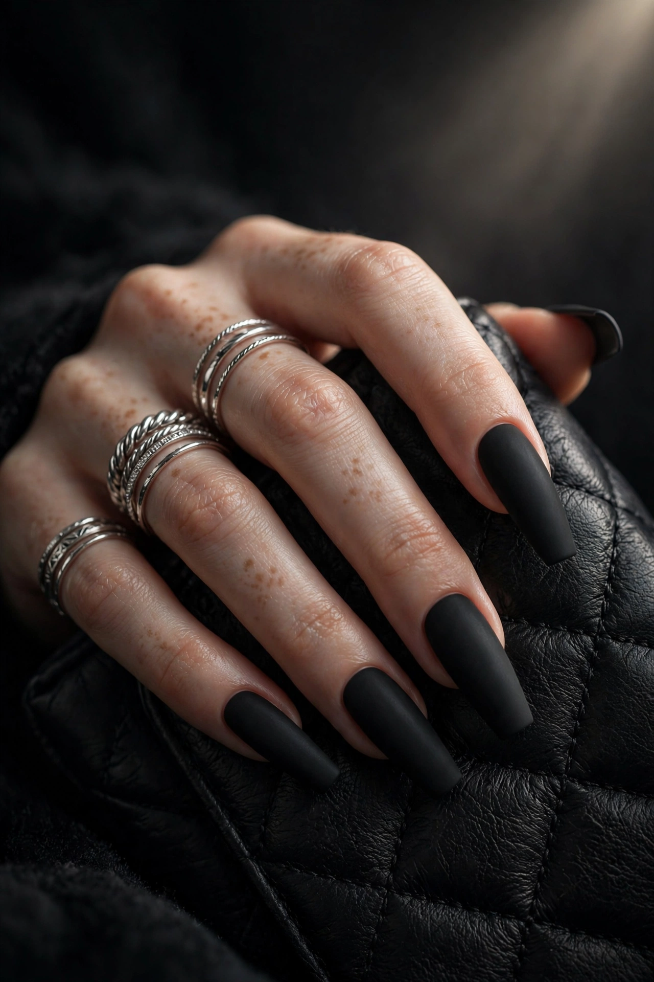 Matte black coffin nails with velvety flat finish