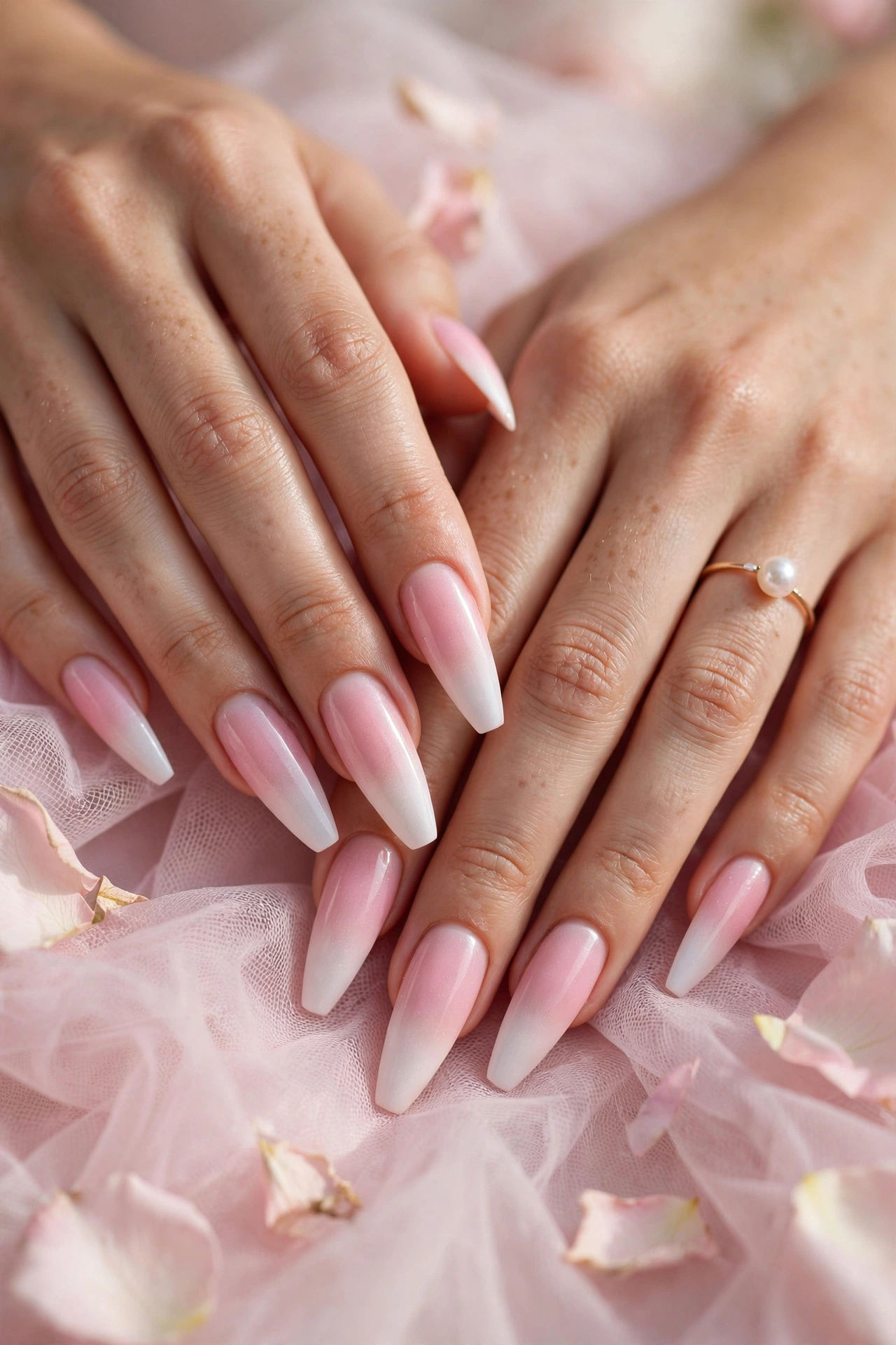 Pink and white ombre coffin nails with soft gradient