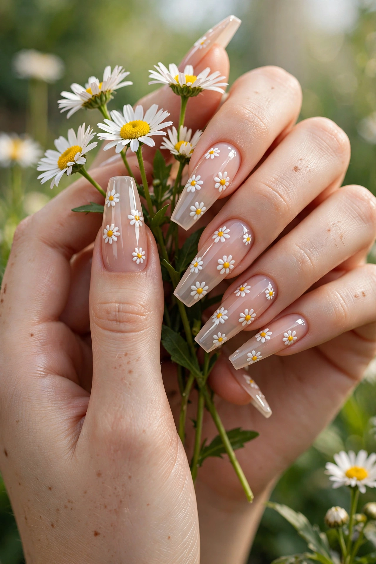 Daisy floral coffin nails with white daisies on nude base