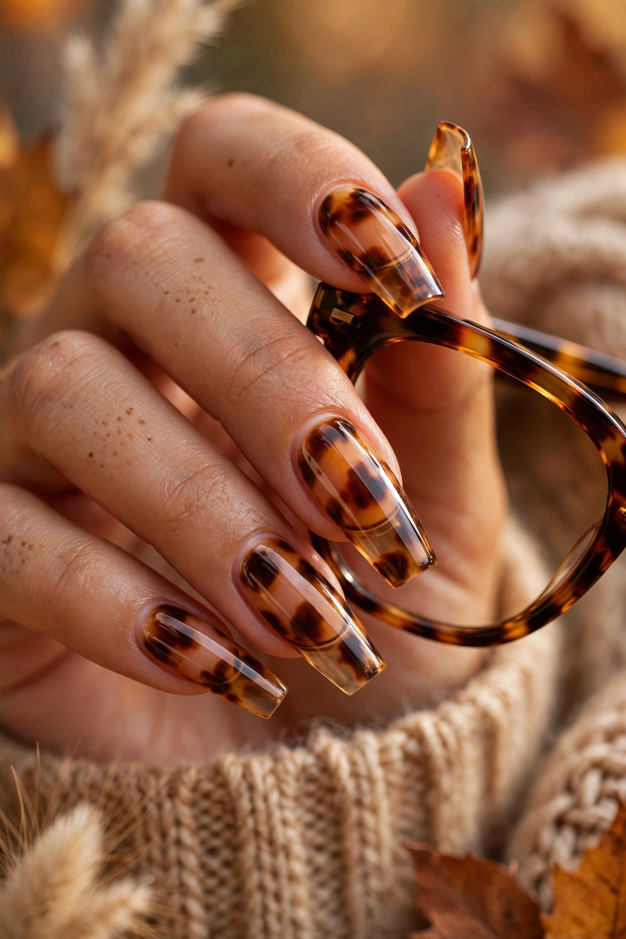 Fall tortoiseshell coffin nails in amber and caramel tones