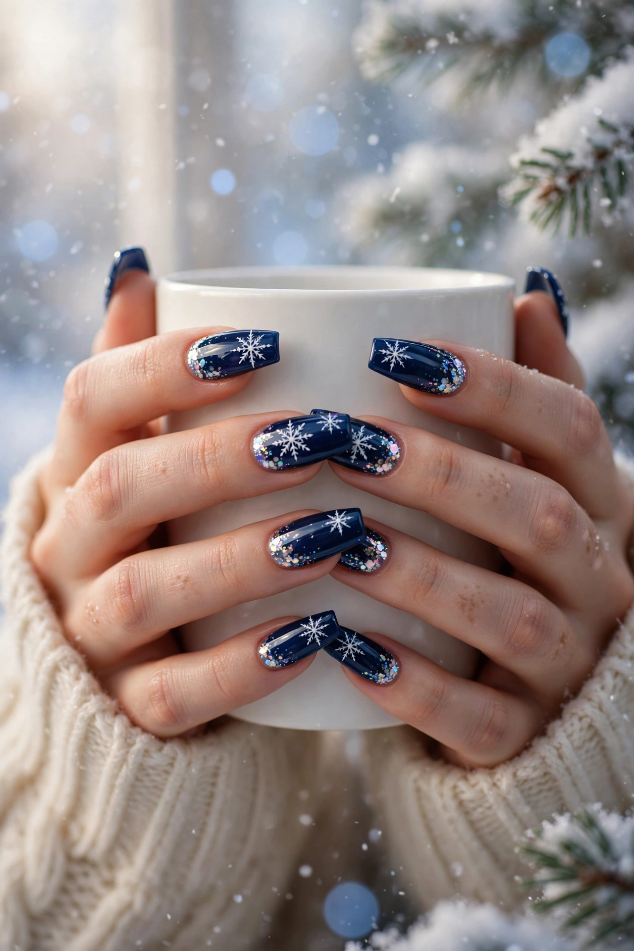 Winter snowflake coffin nails with white snowflakes on icy blue