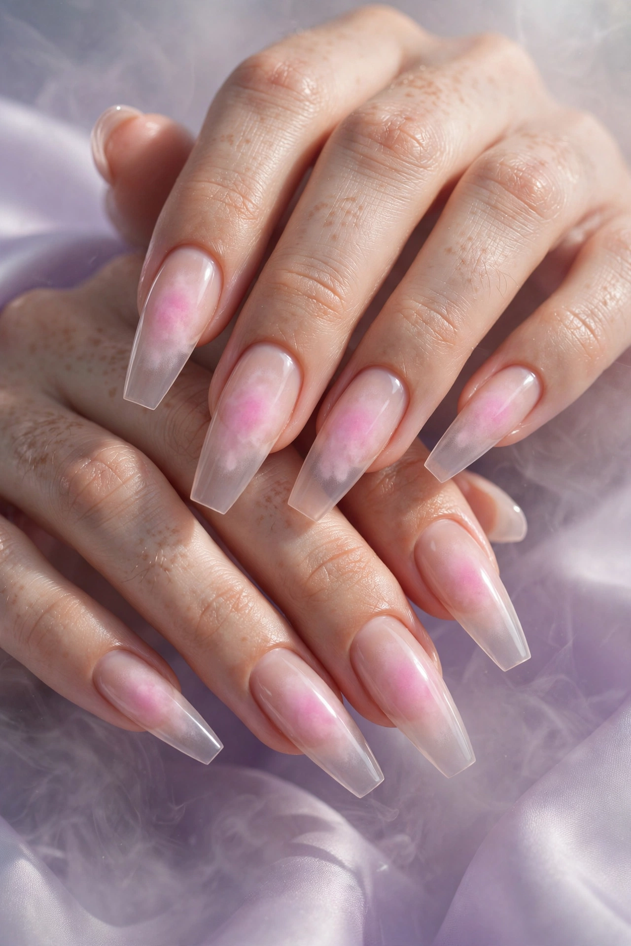 Aura coffin nails with pink airbrushed halo on nude base