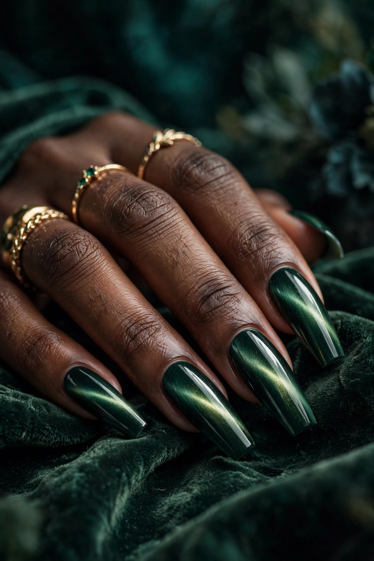 Velvet cat eye coffin nails in deep emerald magnetic shimmer