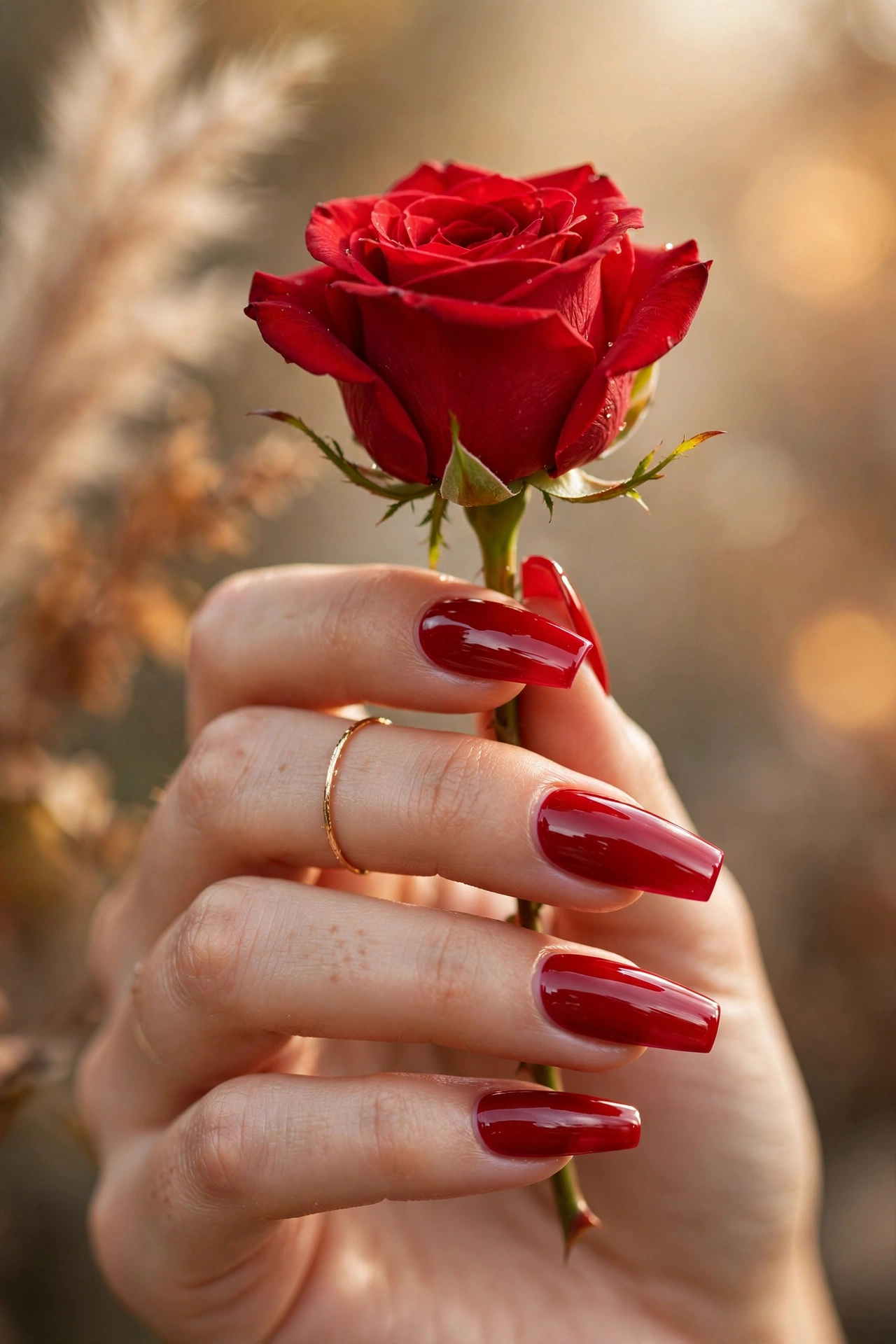Cherry red coffin nails with glossy bold red polish