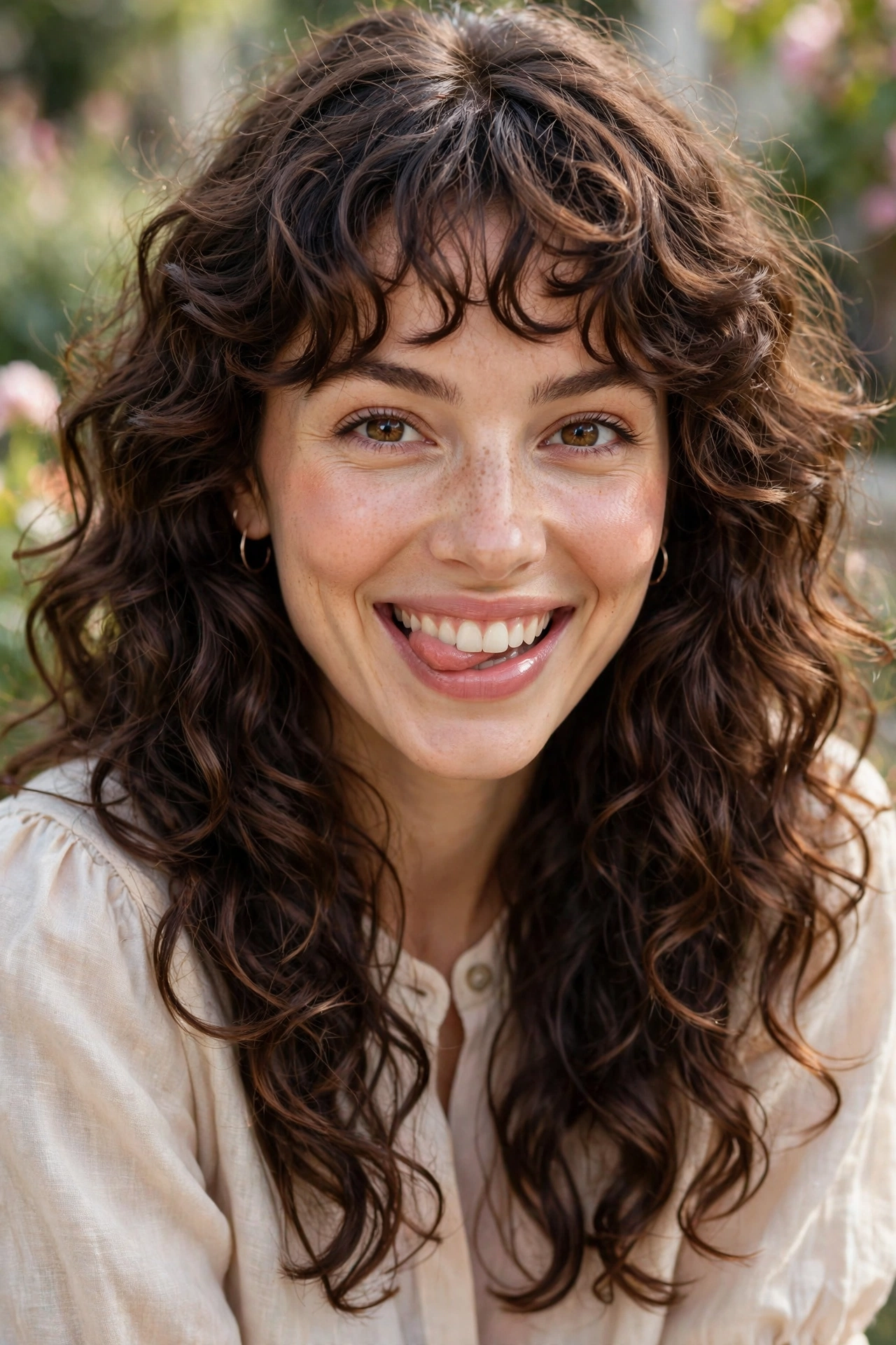 Curly shag haircut with textured layers and fringe