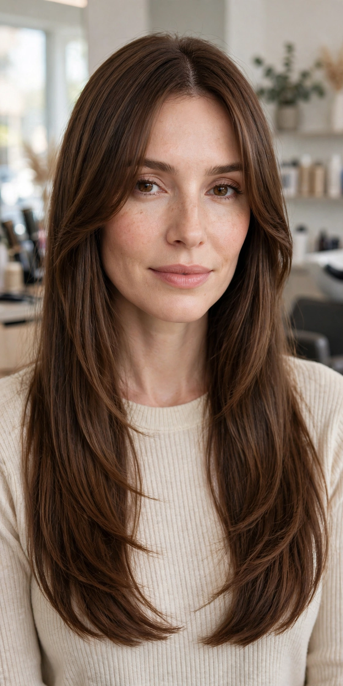 Classic long curtain bangs hairstyle on straight brown hair