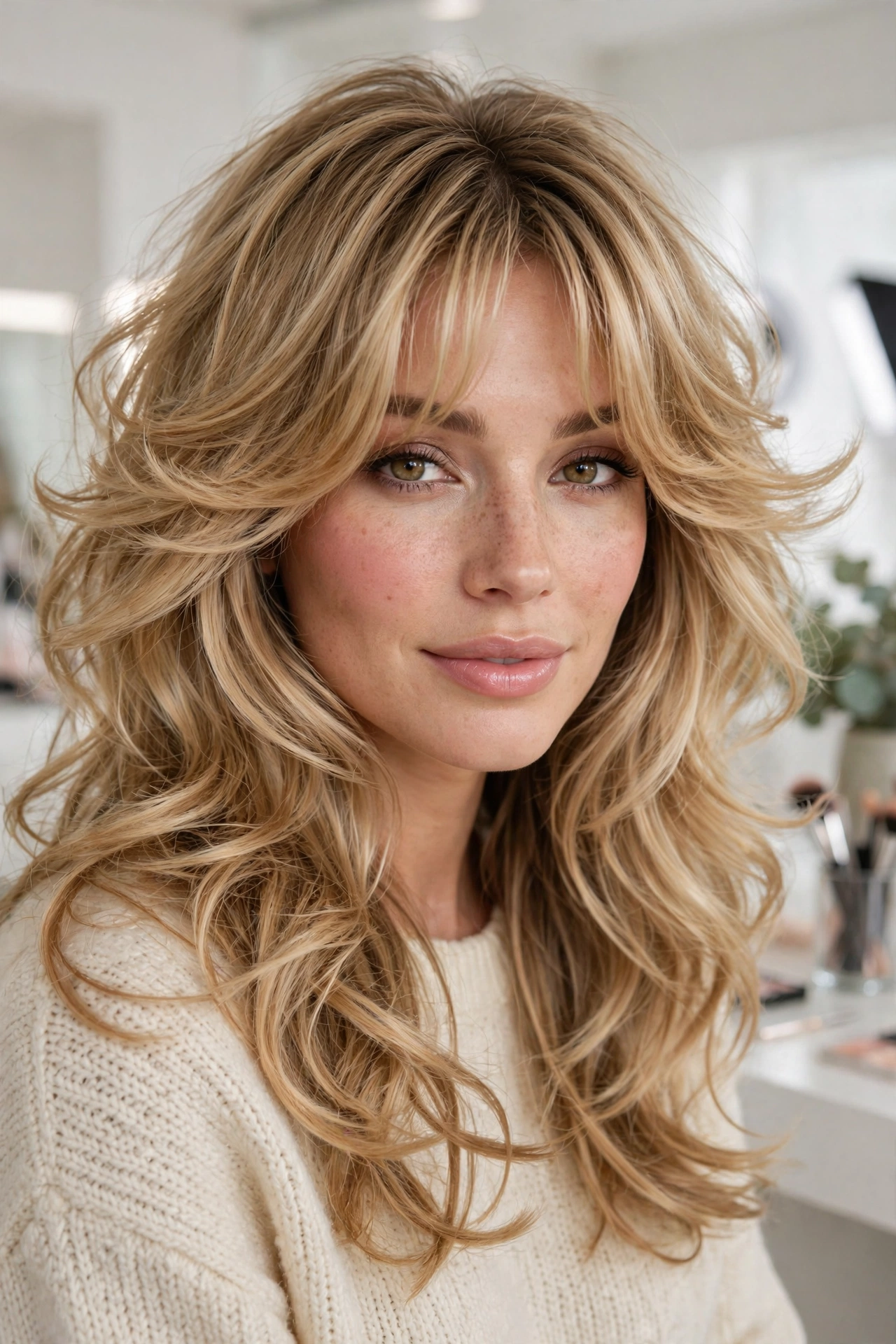Curtain bangs with bouncy layered hairstyle and blowout