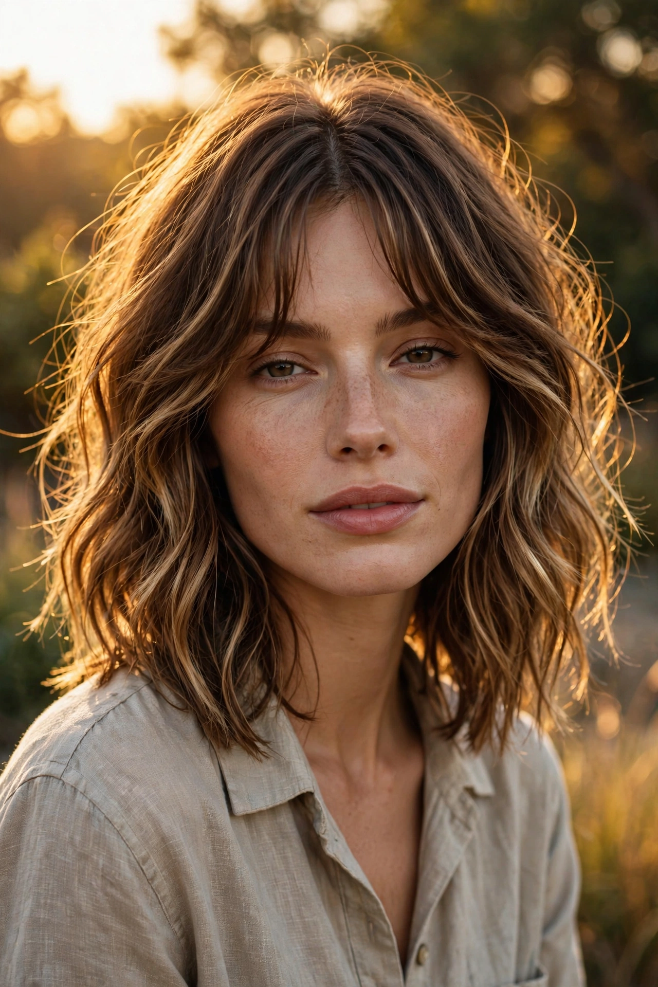 Wavy curtain bangs hairstyle with beachy texture