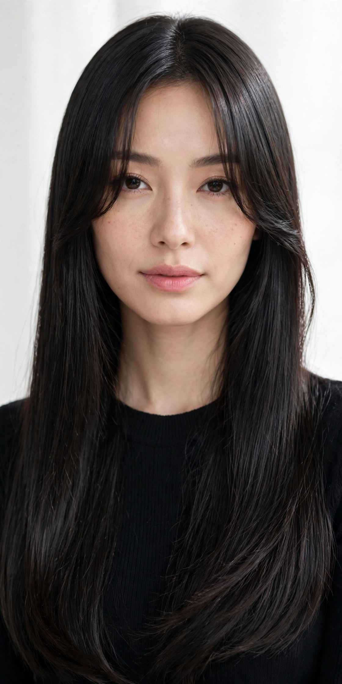 Curtain bangs on sleek straight long hair with center part