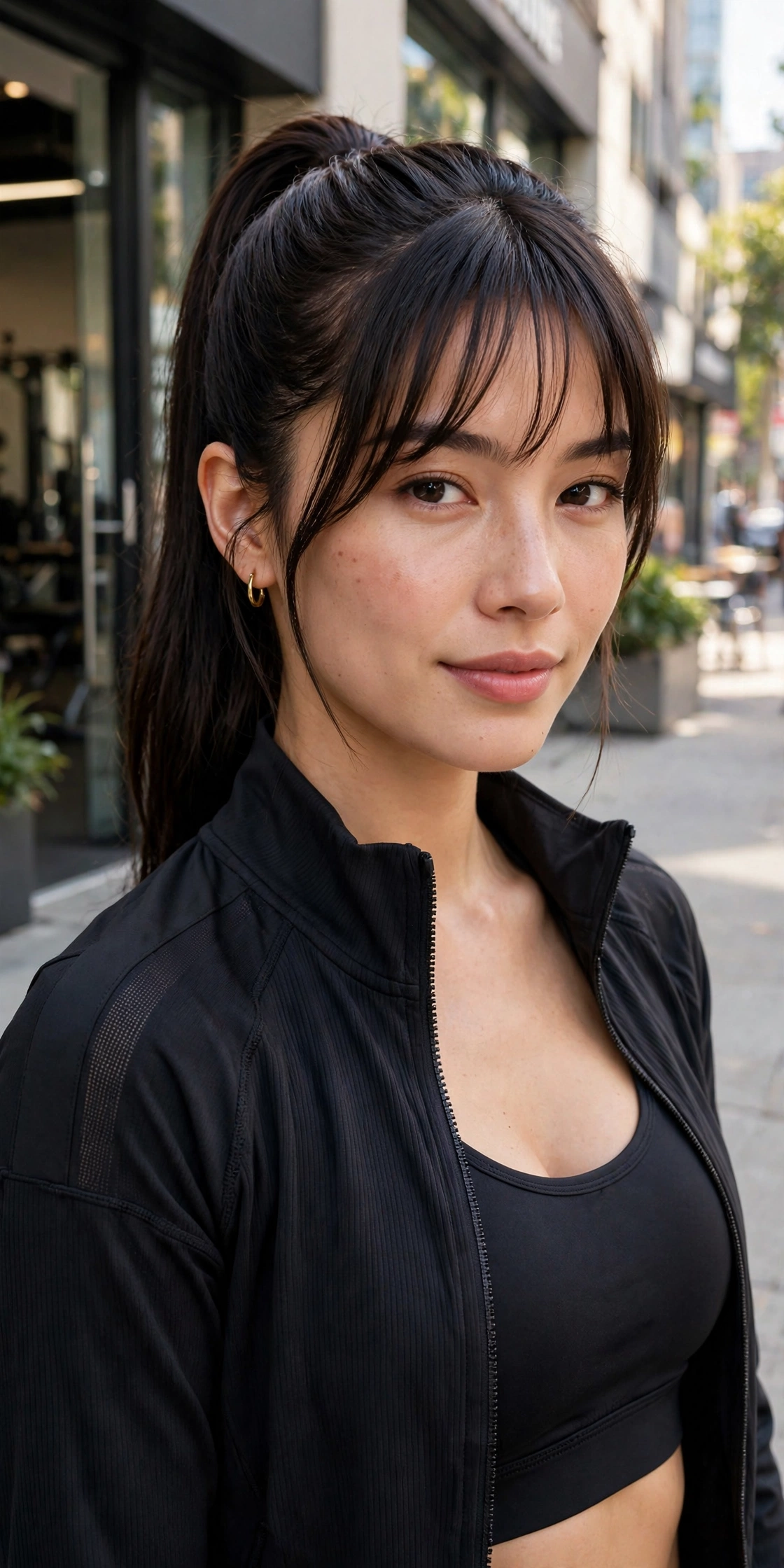 Curtain bangs with high ponytail hairstyle