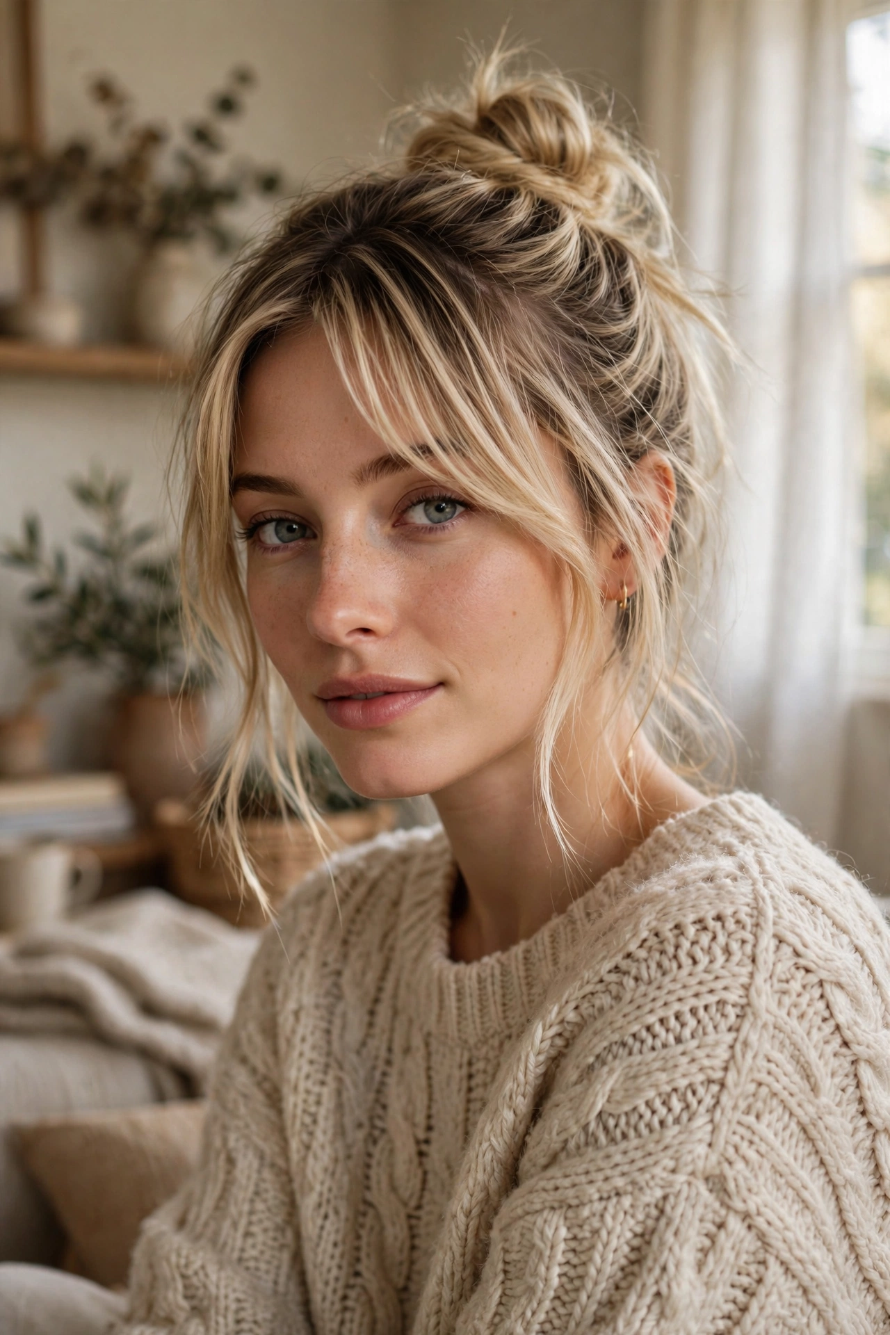 Curtain bangs with messy top knot bun hairstyle