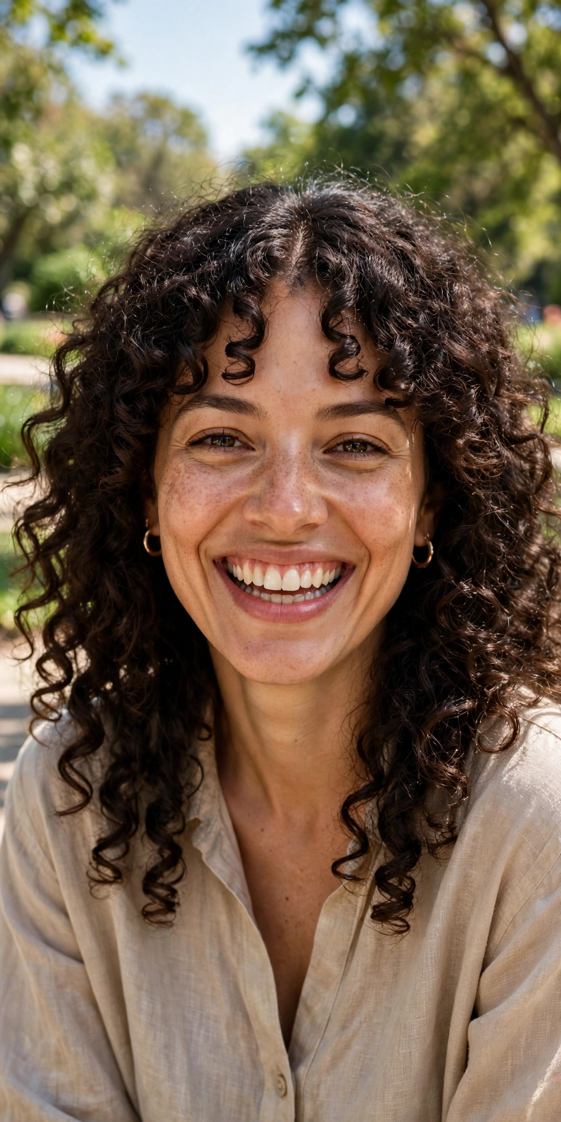 Curly curtain bangs hairstyle on natural curls