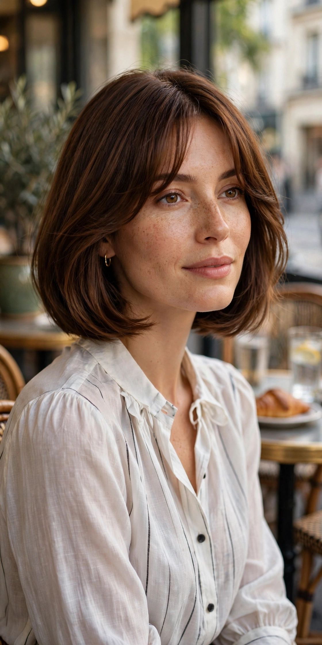 Curtain bangs with bob haircut and face framing fringe