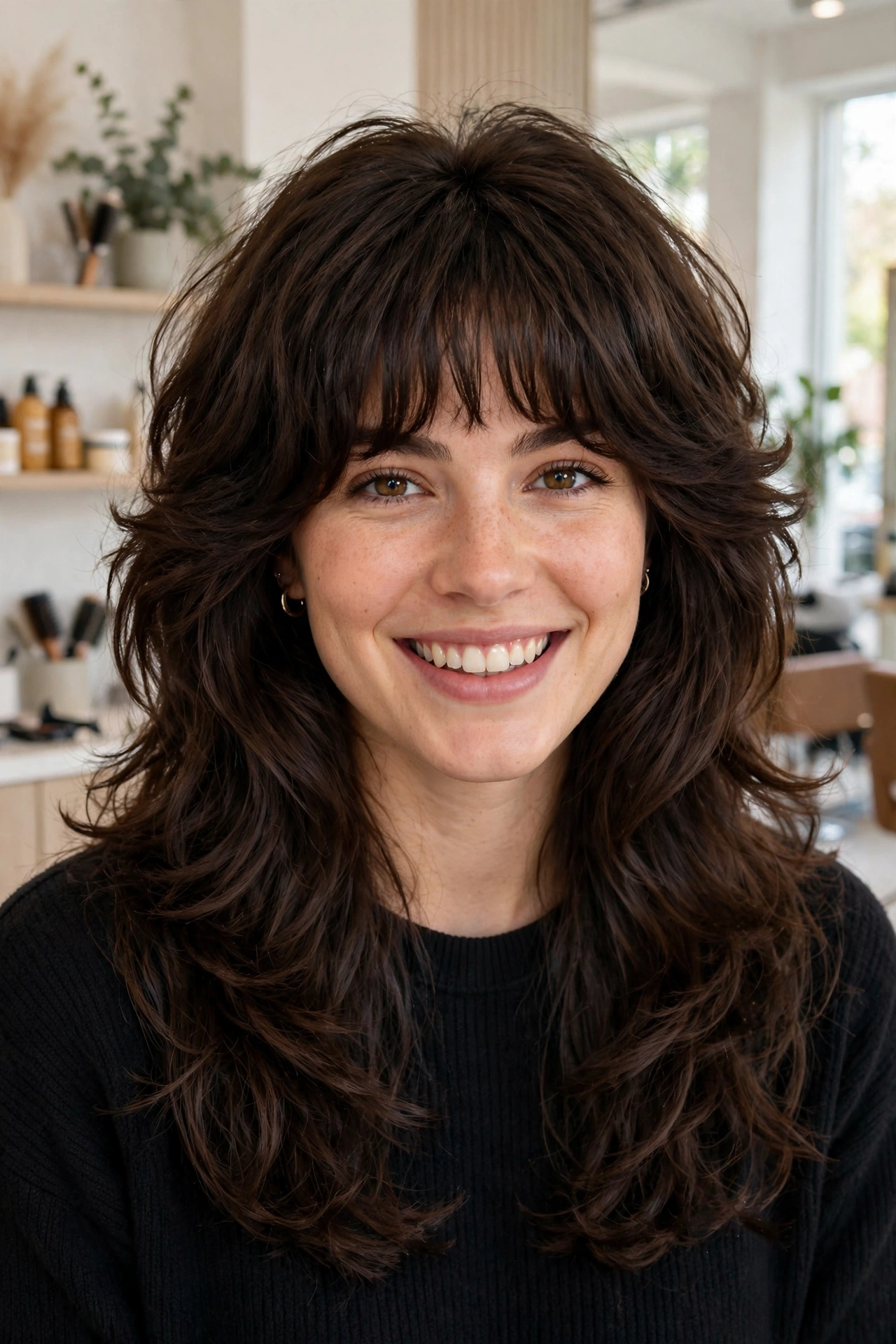 Curtain bangs on thick voluminous hair
