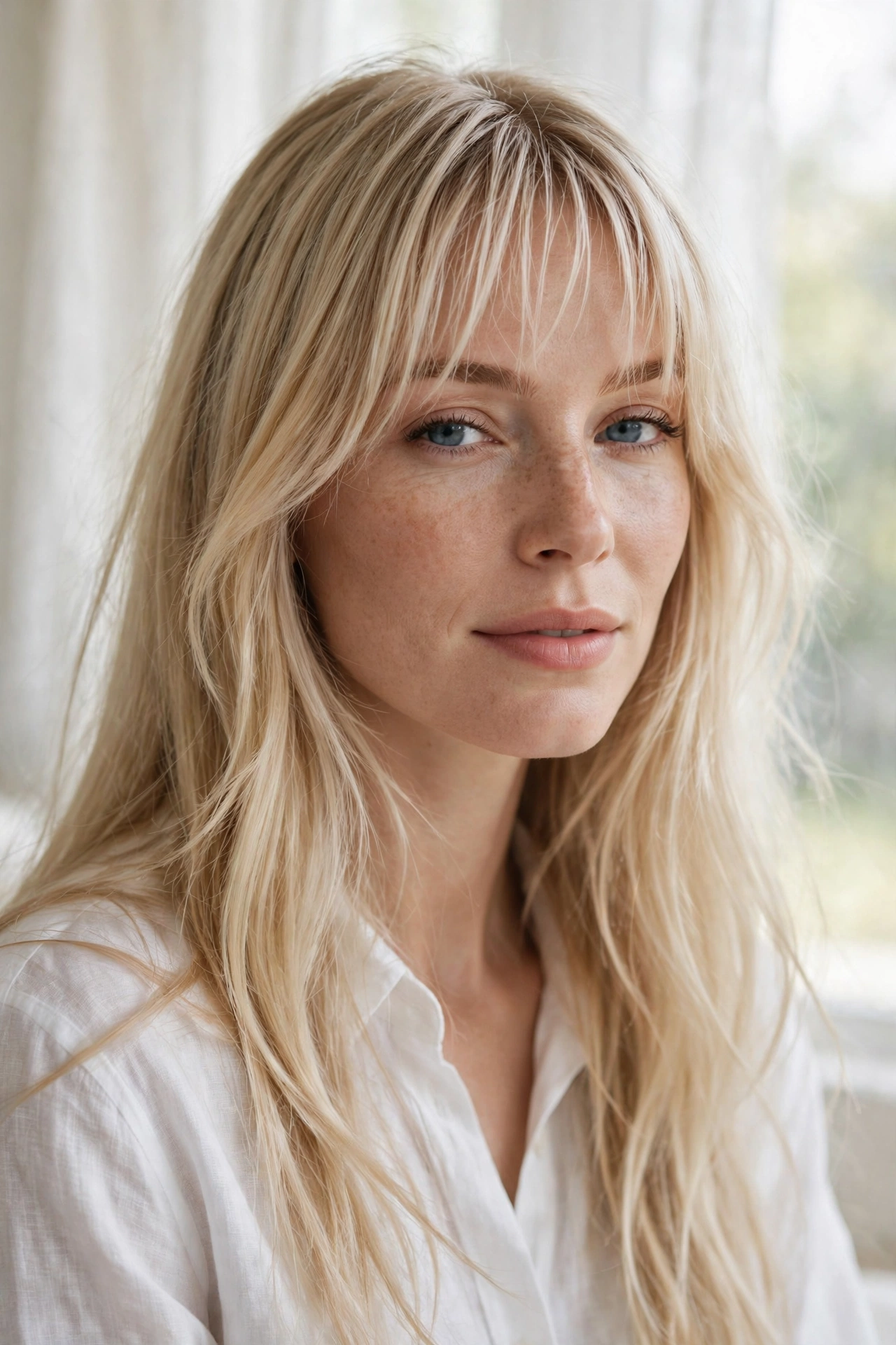 Wispy curtain bangs hairstyle with feathery fringe