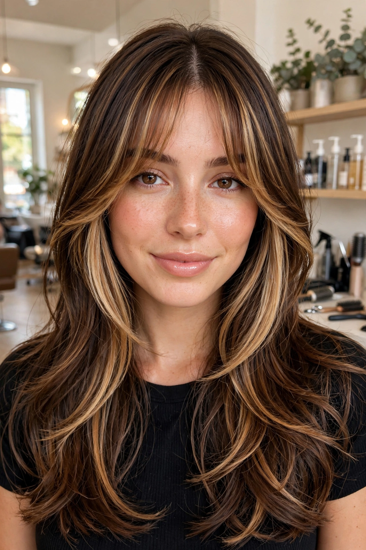 Curtain bangs with face-framing balayage highlights
