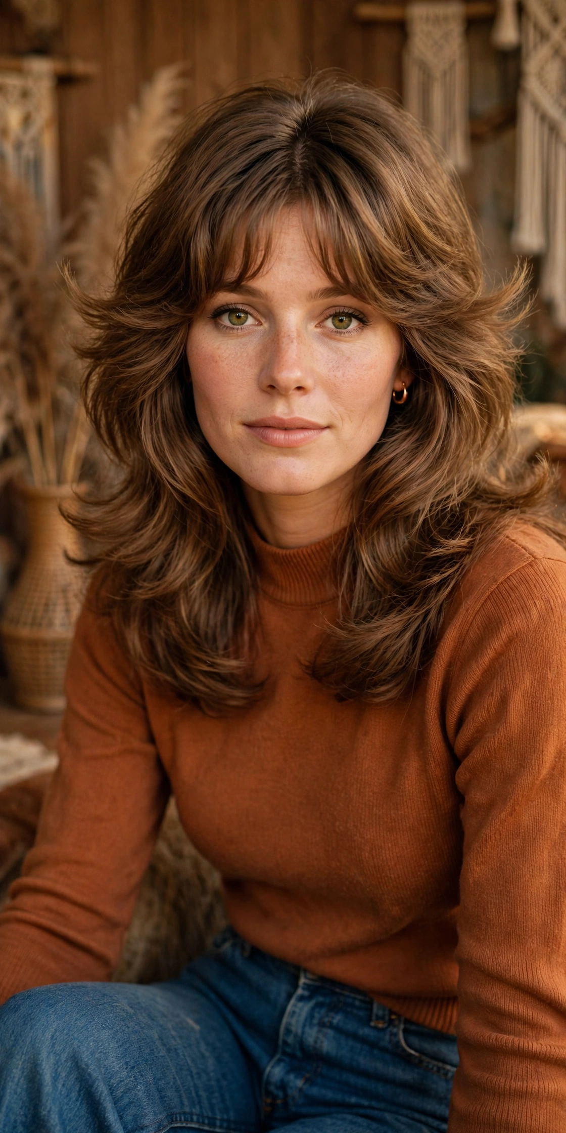 Retro seventies curtain bangs hairstyle with feathered layers