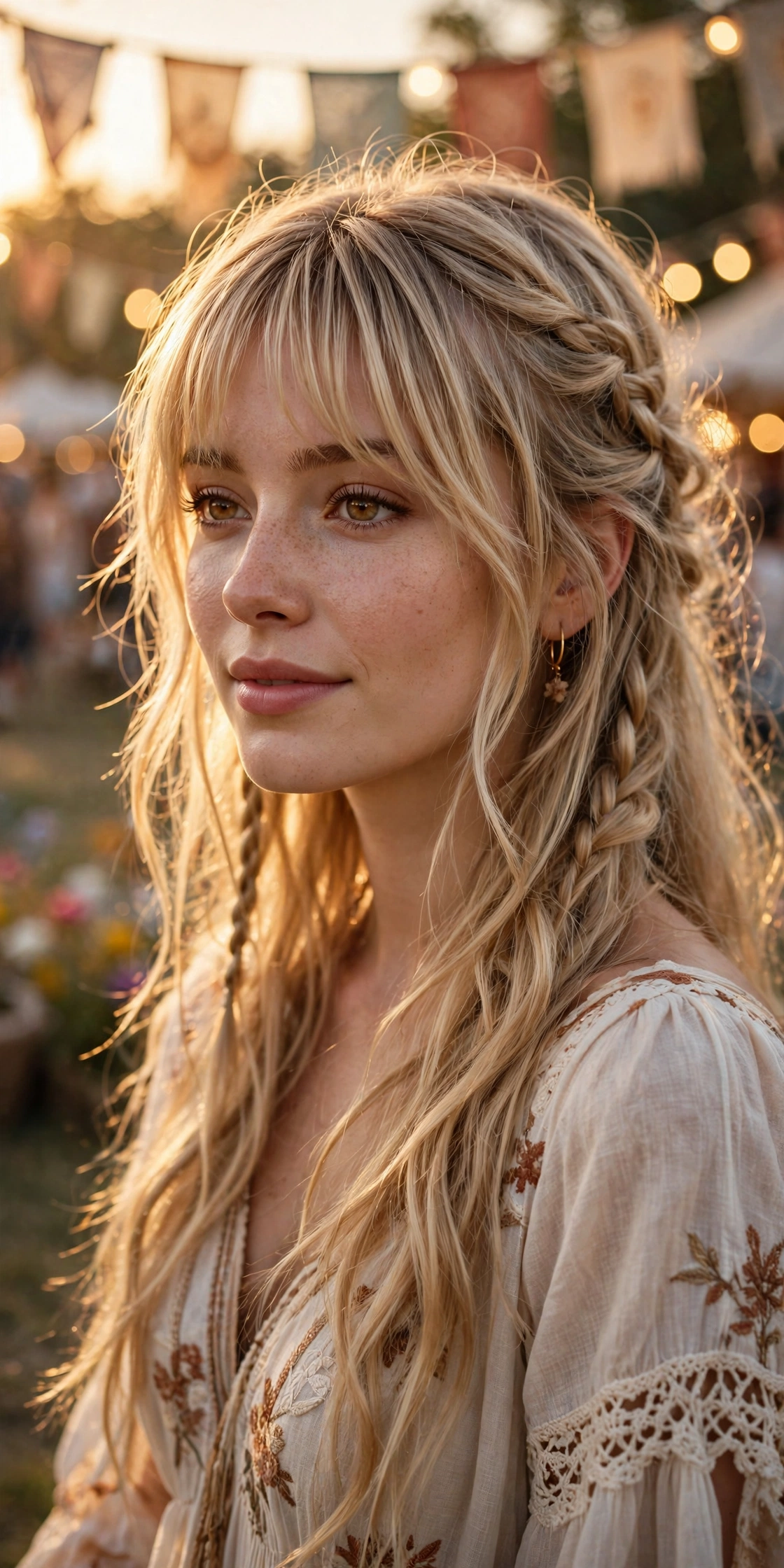 Curtain bangs with braided hairstyle and fringe
