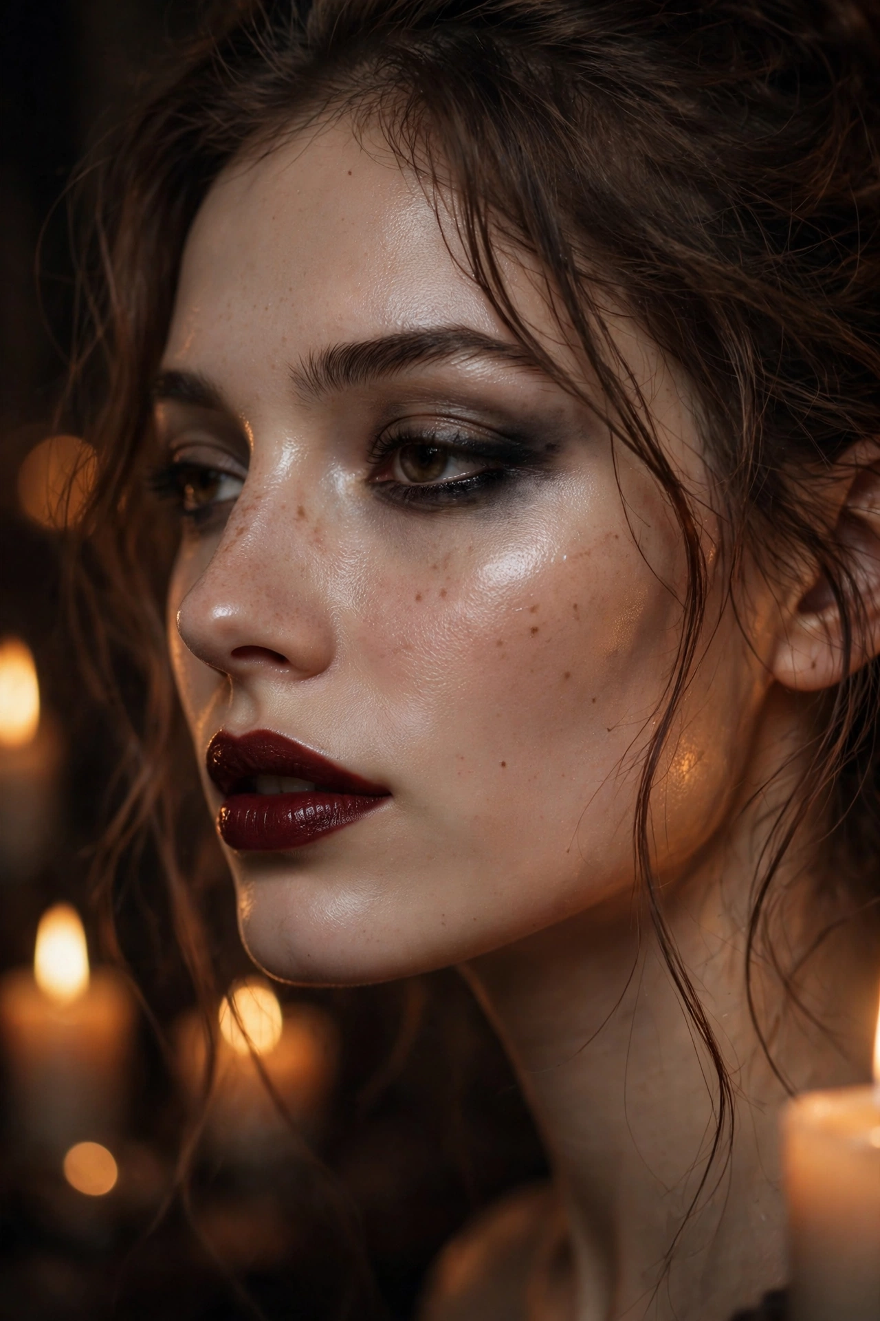 Dark romantic makeup with oxblood lipstick and smudged kohl eyeliner