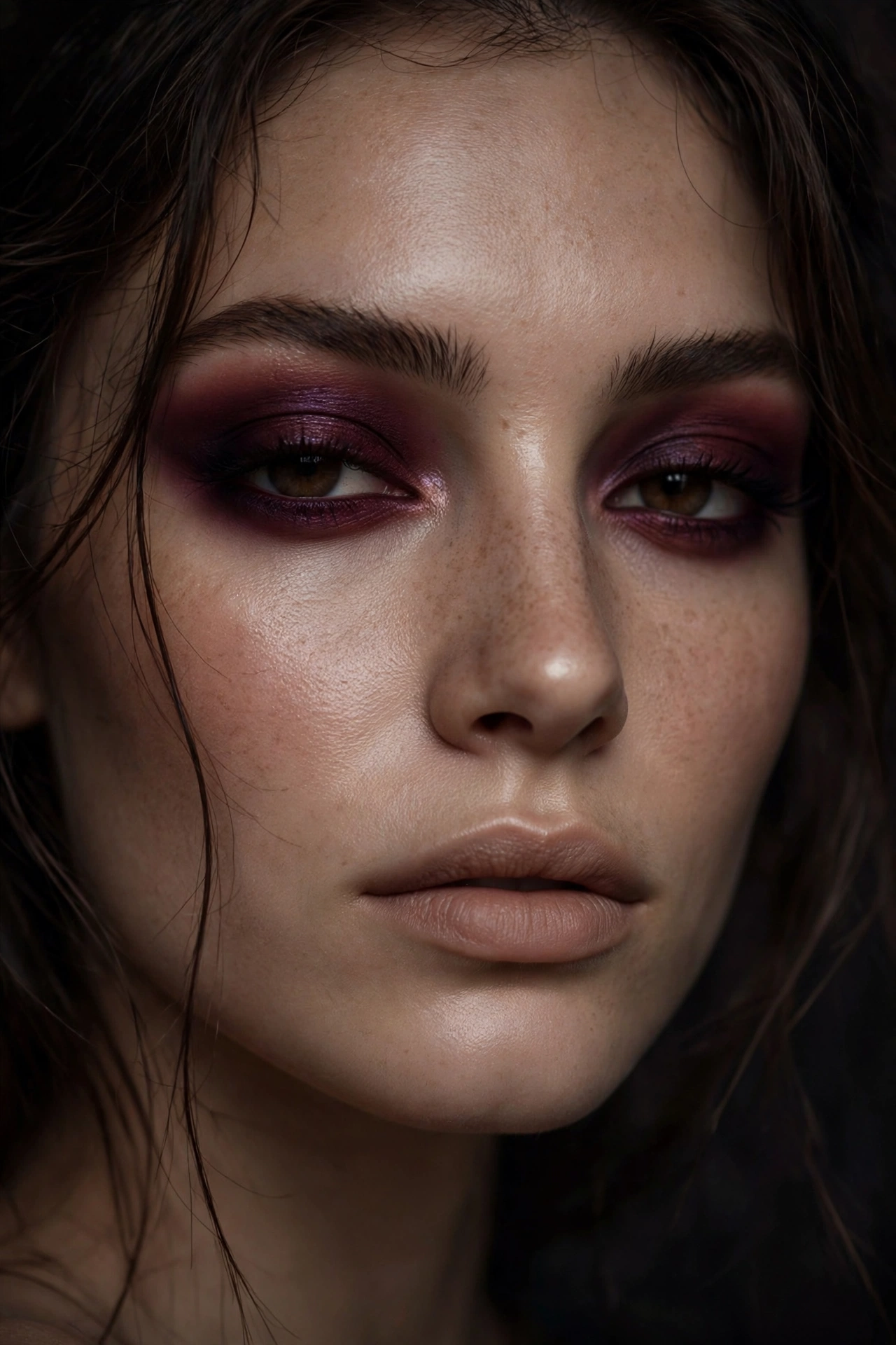 Burgundy smokey eye dark romantic makeup in wine tones
