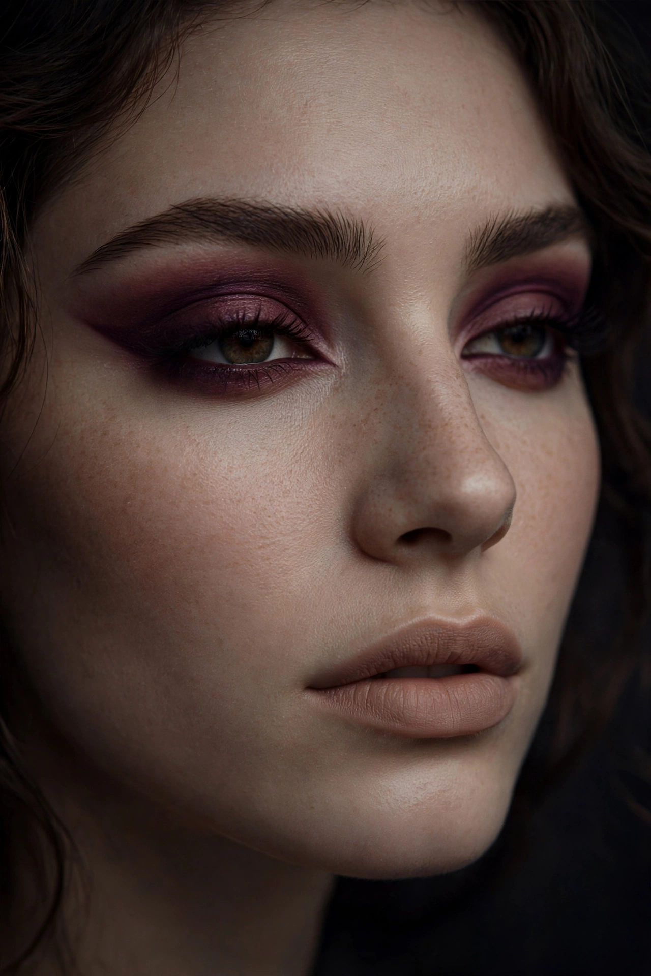 Wine-toned cut crease dark romantic makeup look