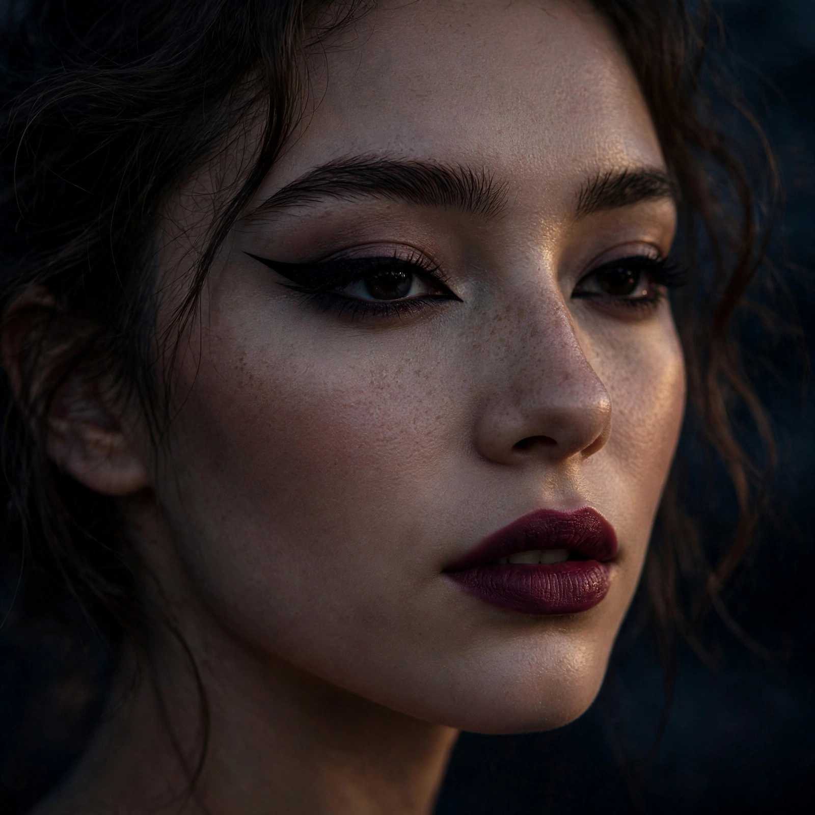 Noir winged eyeliner dark romantic makeup look