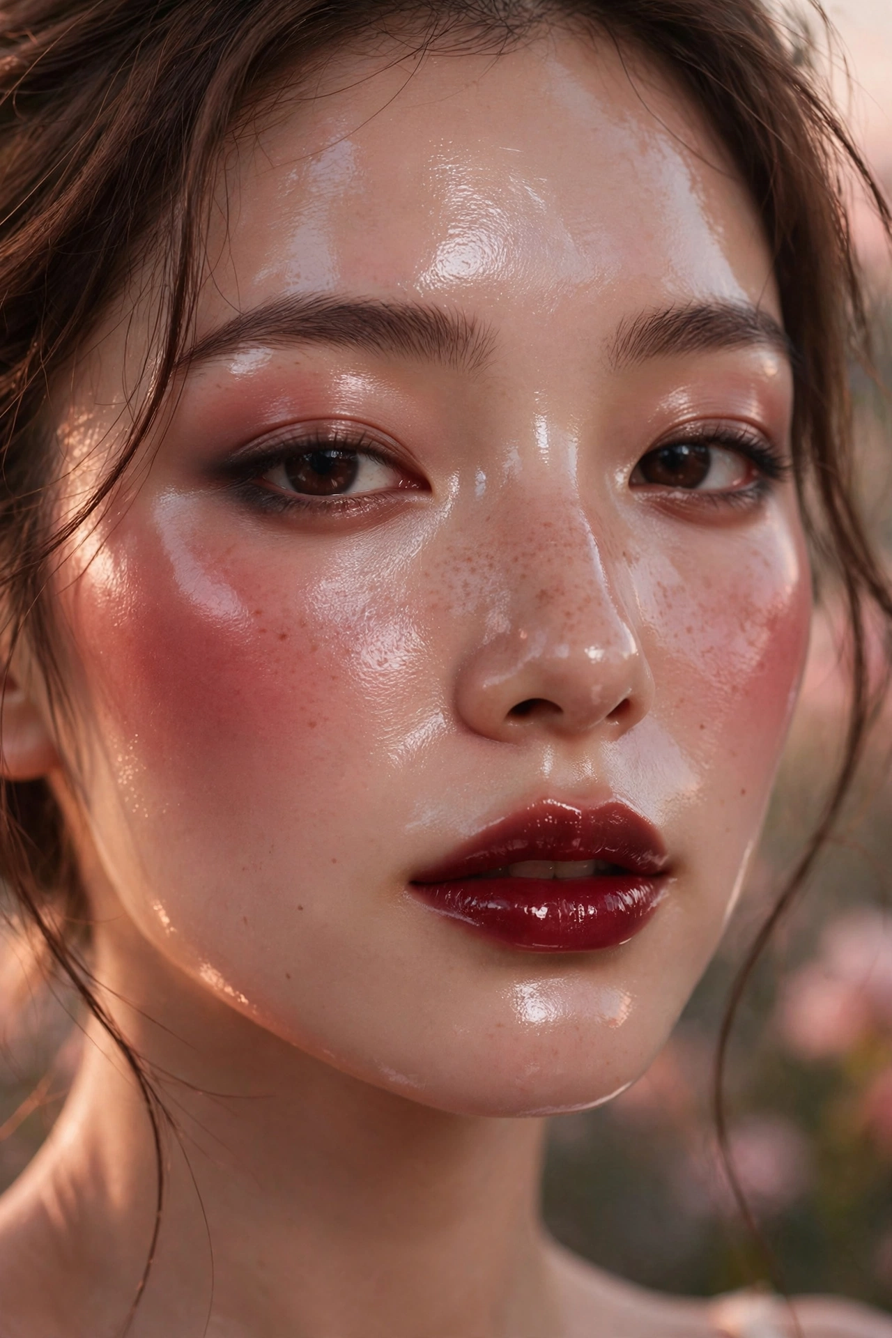 Crimson-tinted glass skin dark romantic makeup