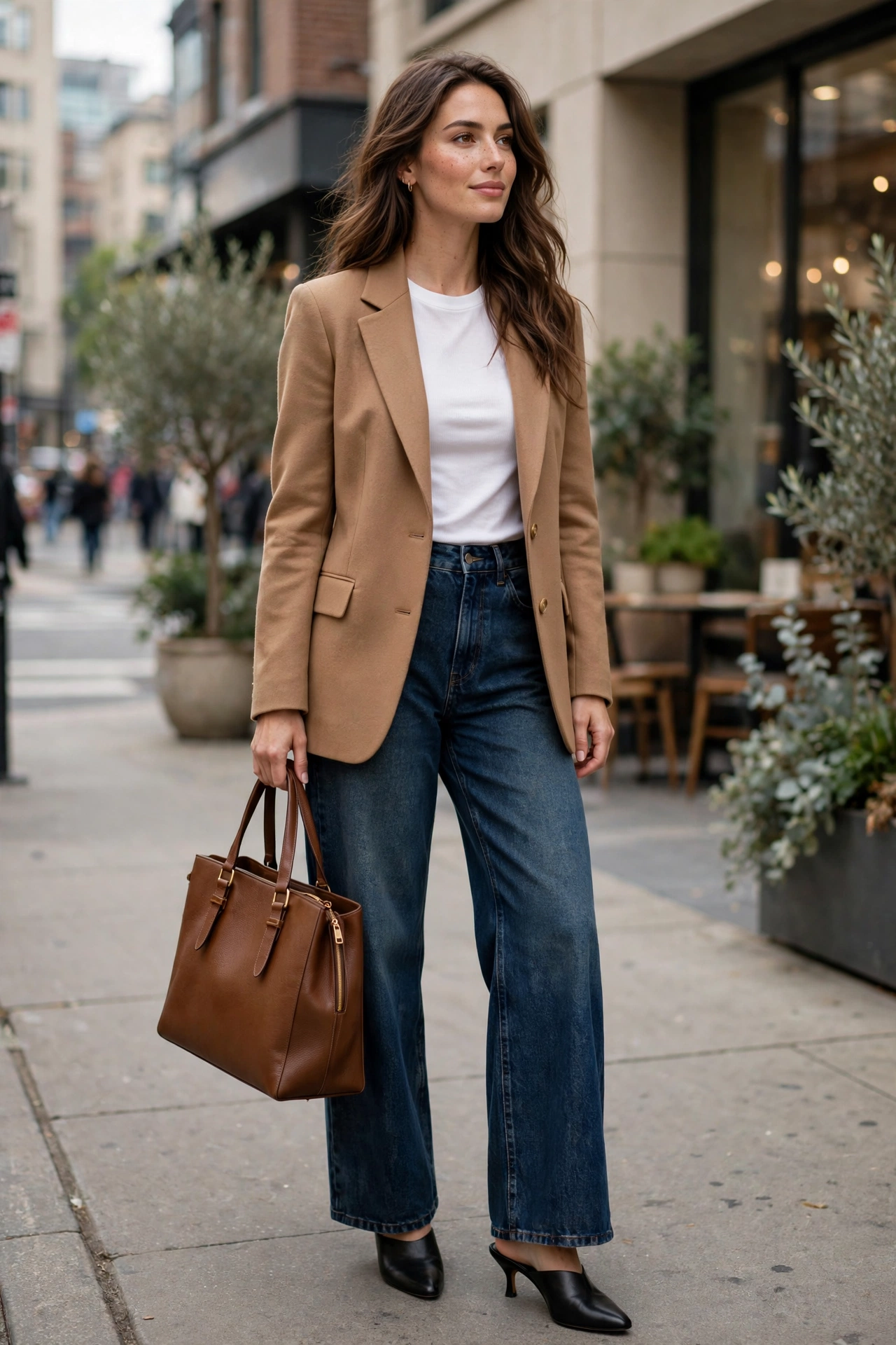 Wide-leg jeans with tailored blazer denim outfit