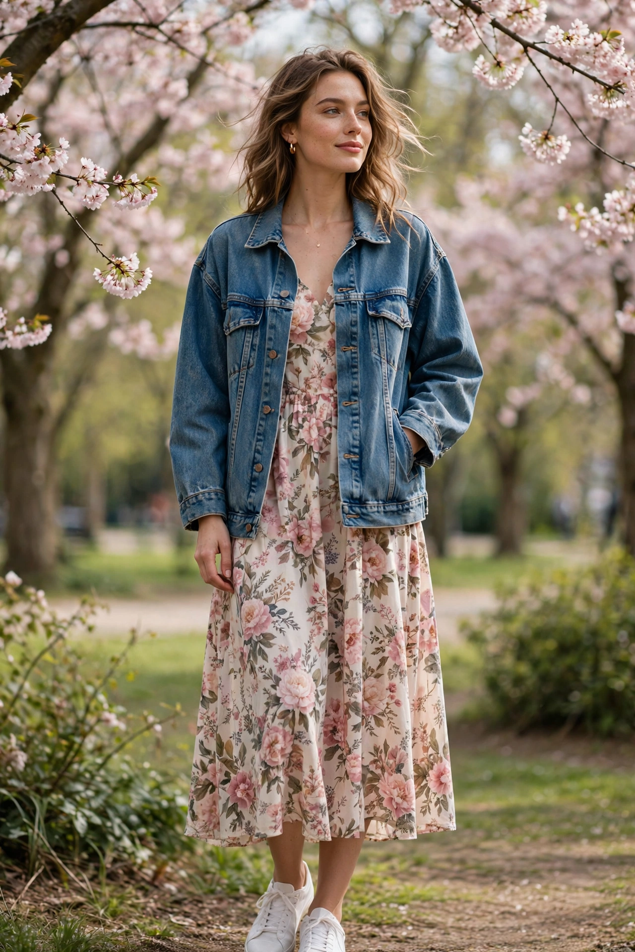 Denim jacket layered over floral midi dress