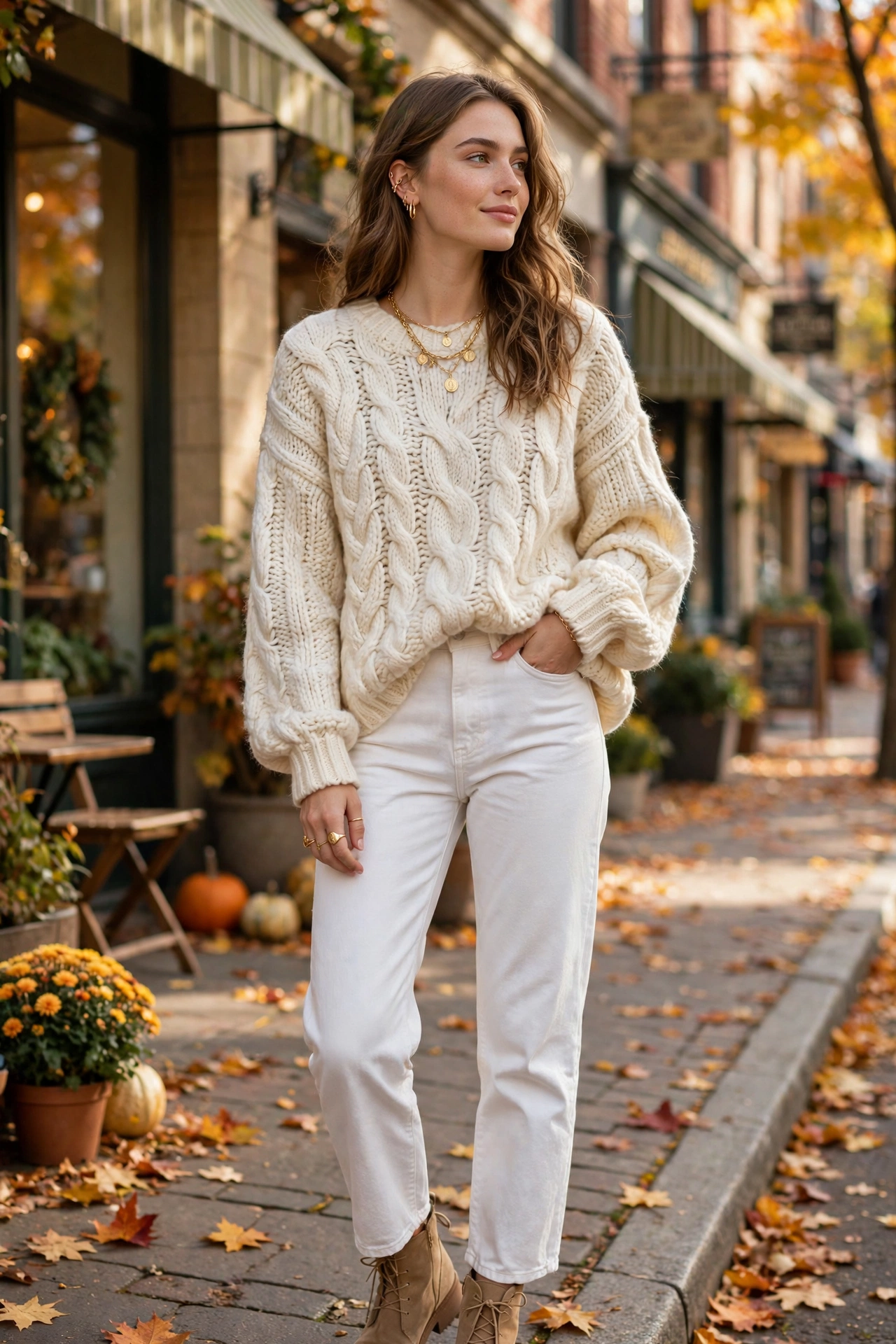 White jeans with chunky knit sweater denim outfit