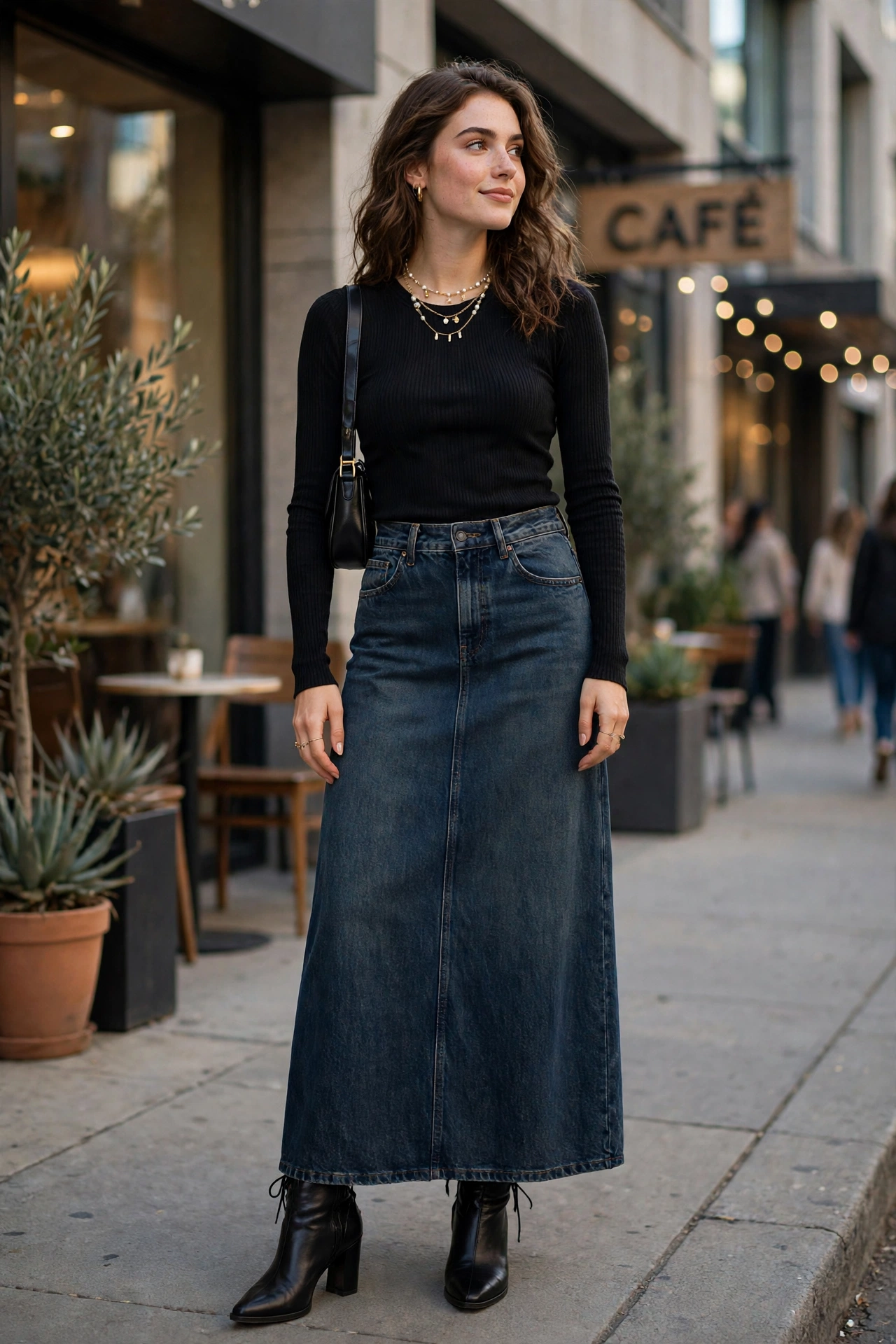 Denim maxi skirt outfit with fitted top