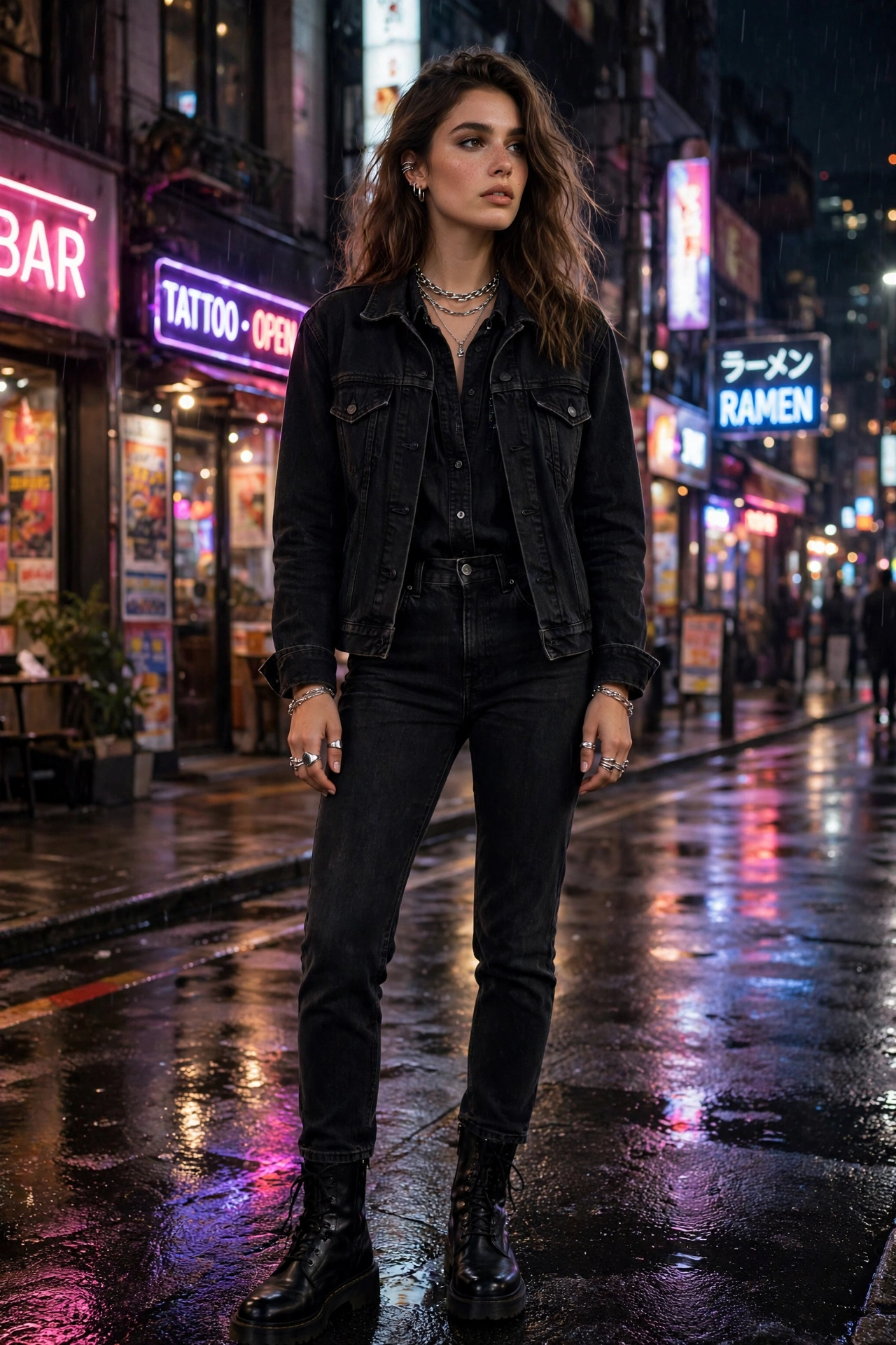 Black denim monochrome outfit with jeans and jacket