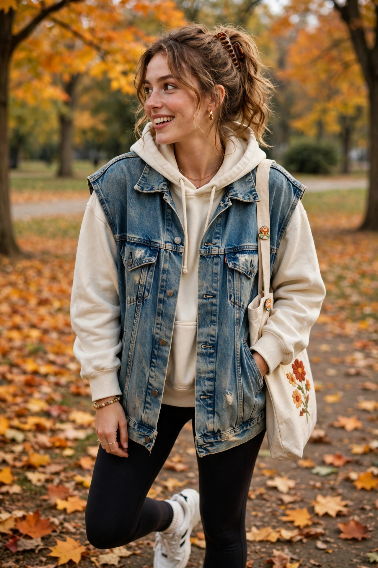 Denim vest layered over hoodie outfit