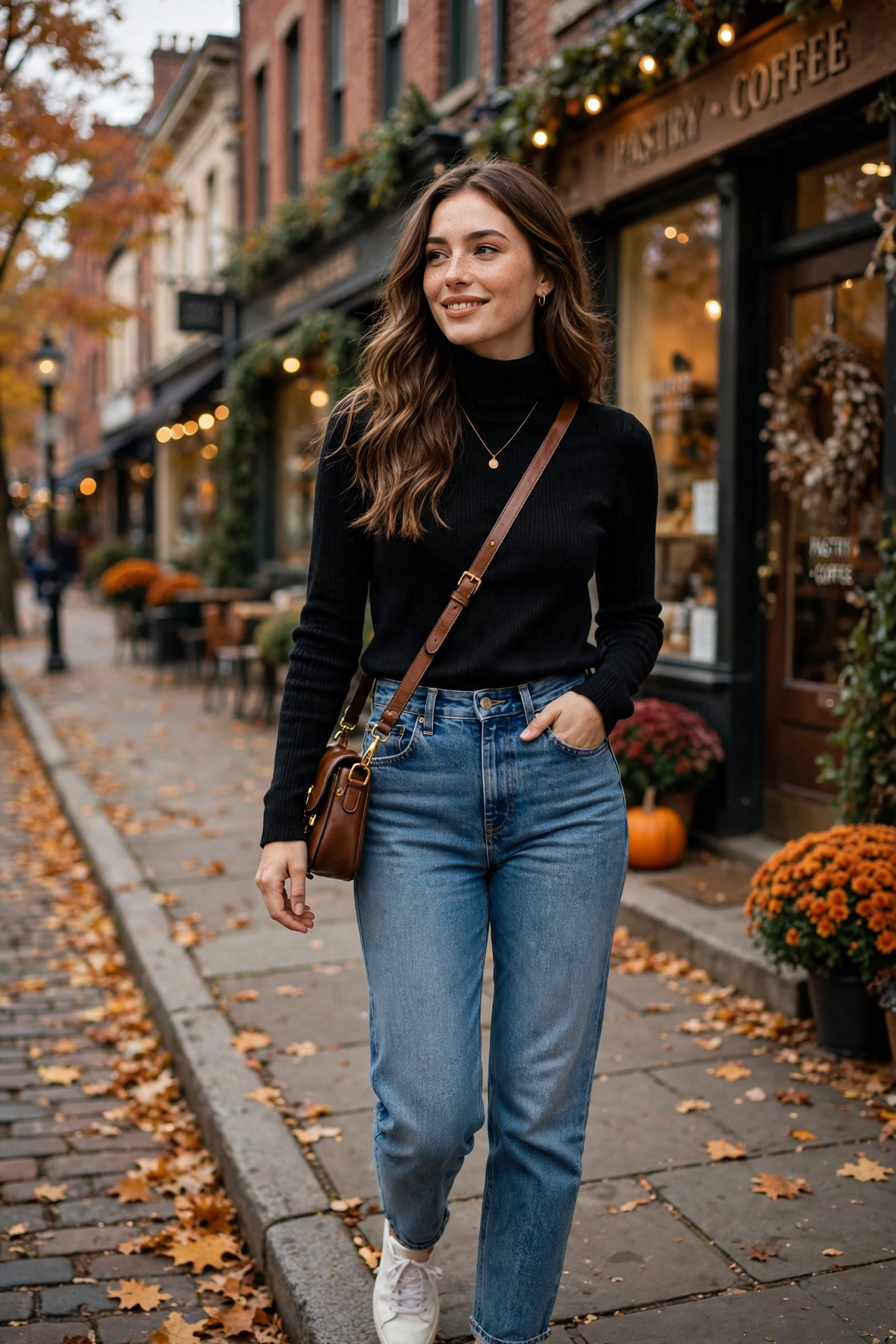 Mom jeans with turtleneck sweater denim outfit