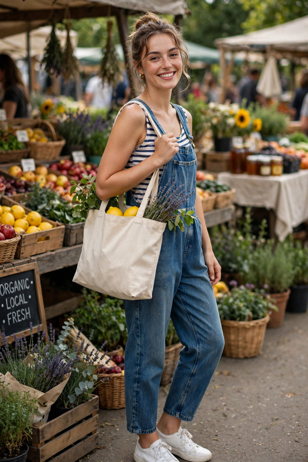 Denim overalls outfit with striped top