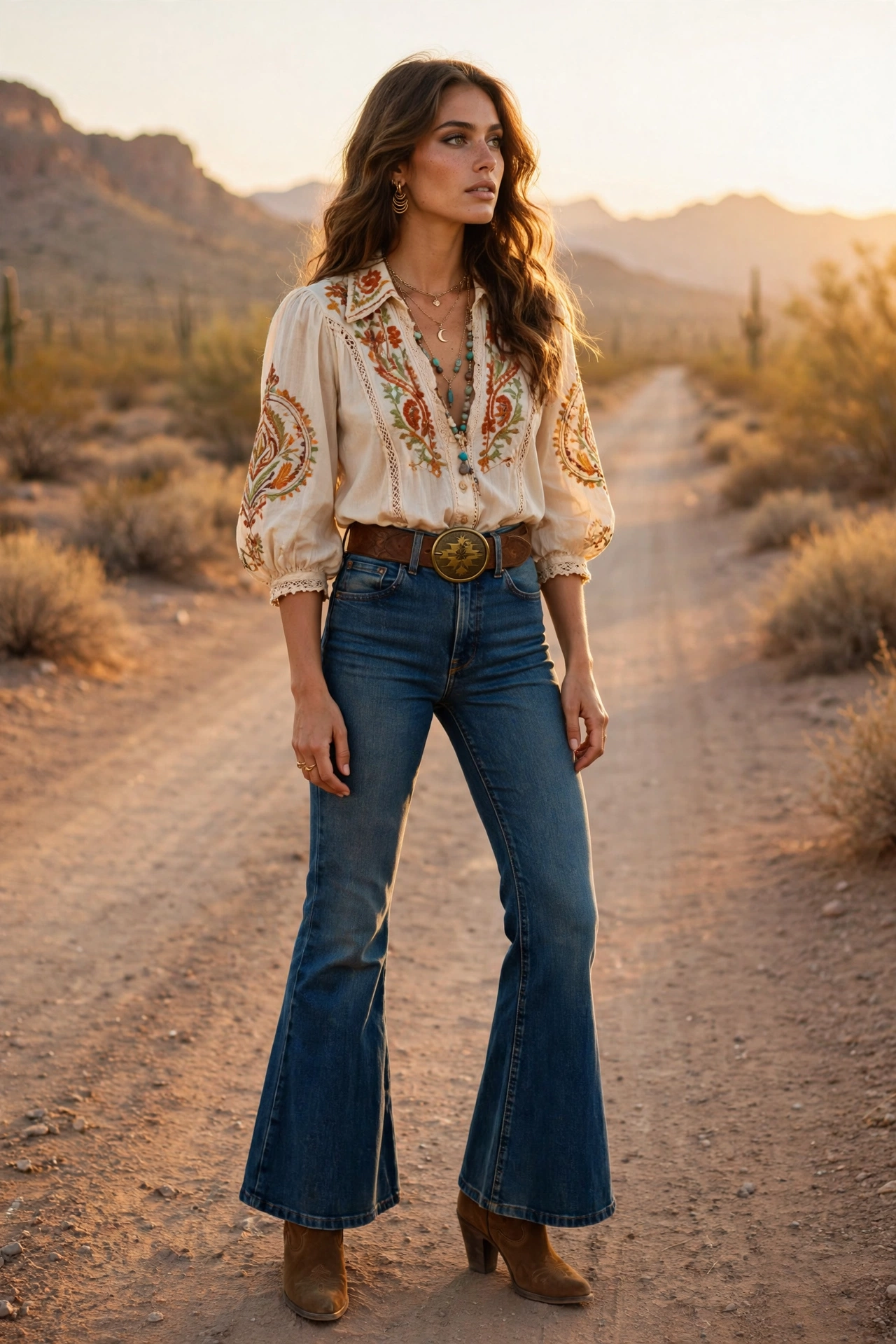 Retro flared jeans with boho top denim outfit