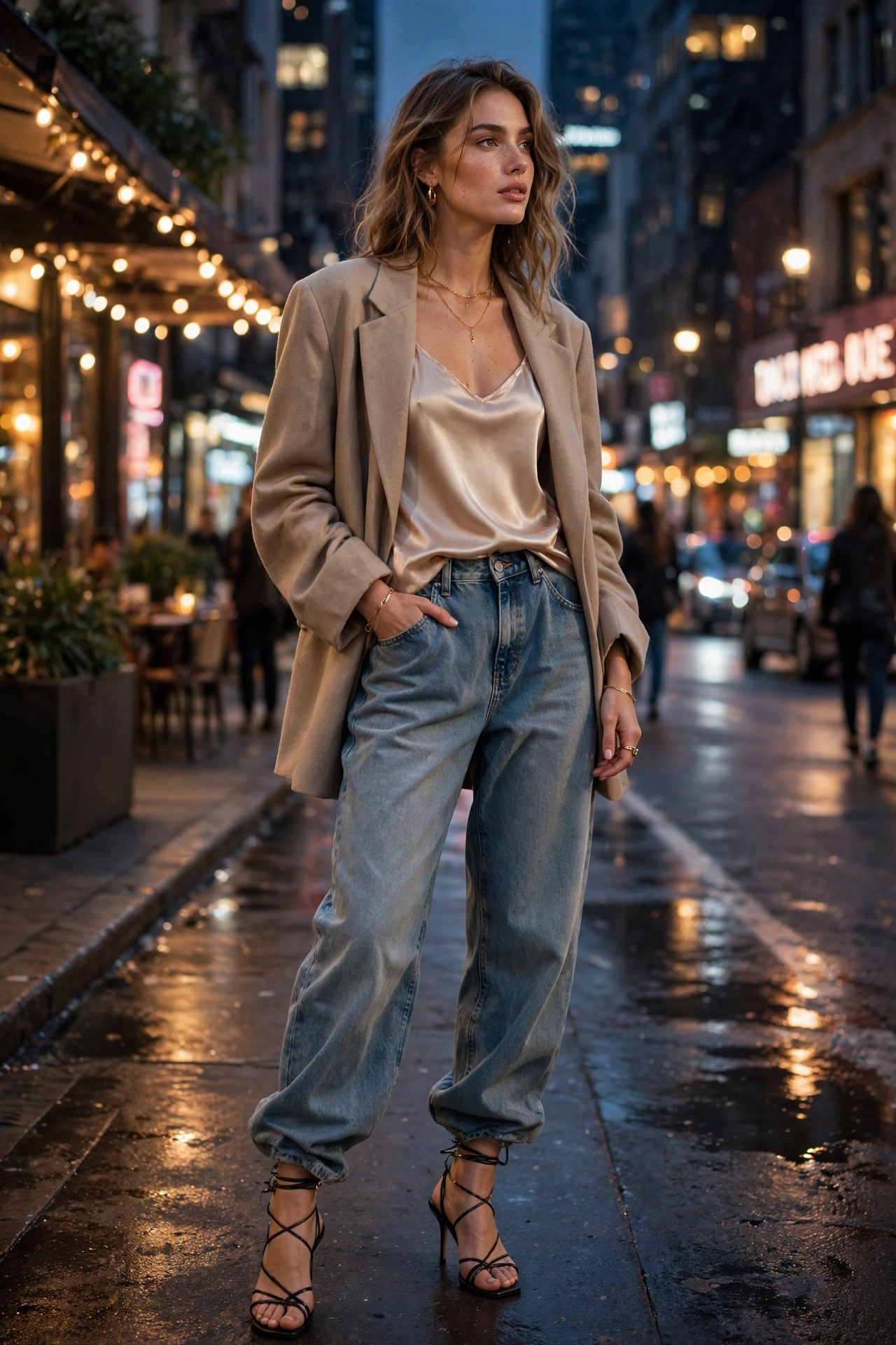 Boyfriend jeans with heeled sandals denim outfit