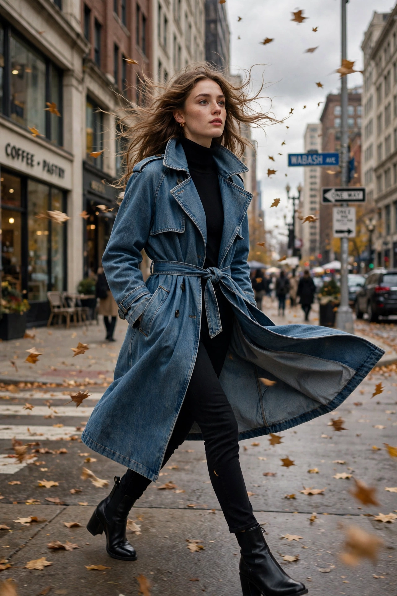 Denim trench coat layered outfit