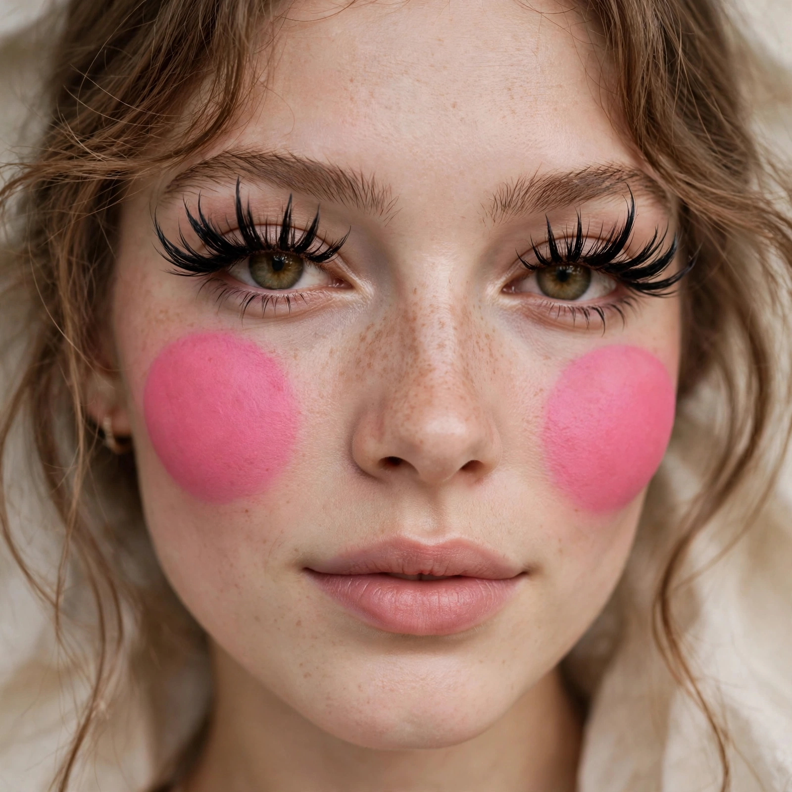 Exaggerated blush draping eccentric makeup look
