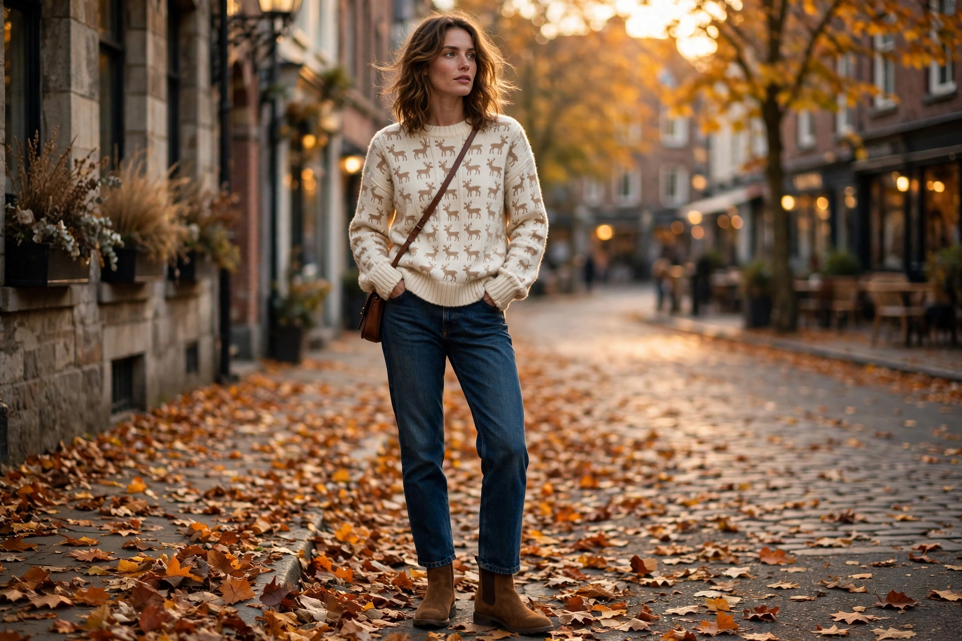 Deer print knit sweater fall outfit 2026 with dark jeans and brown boots