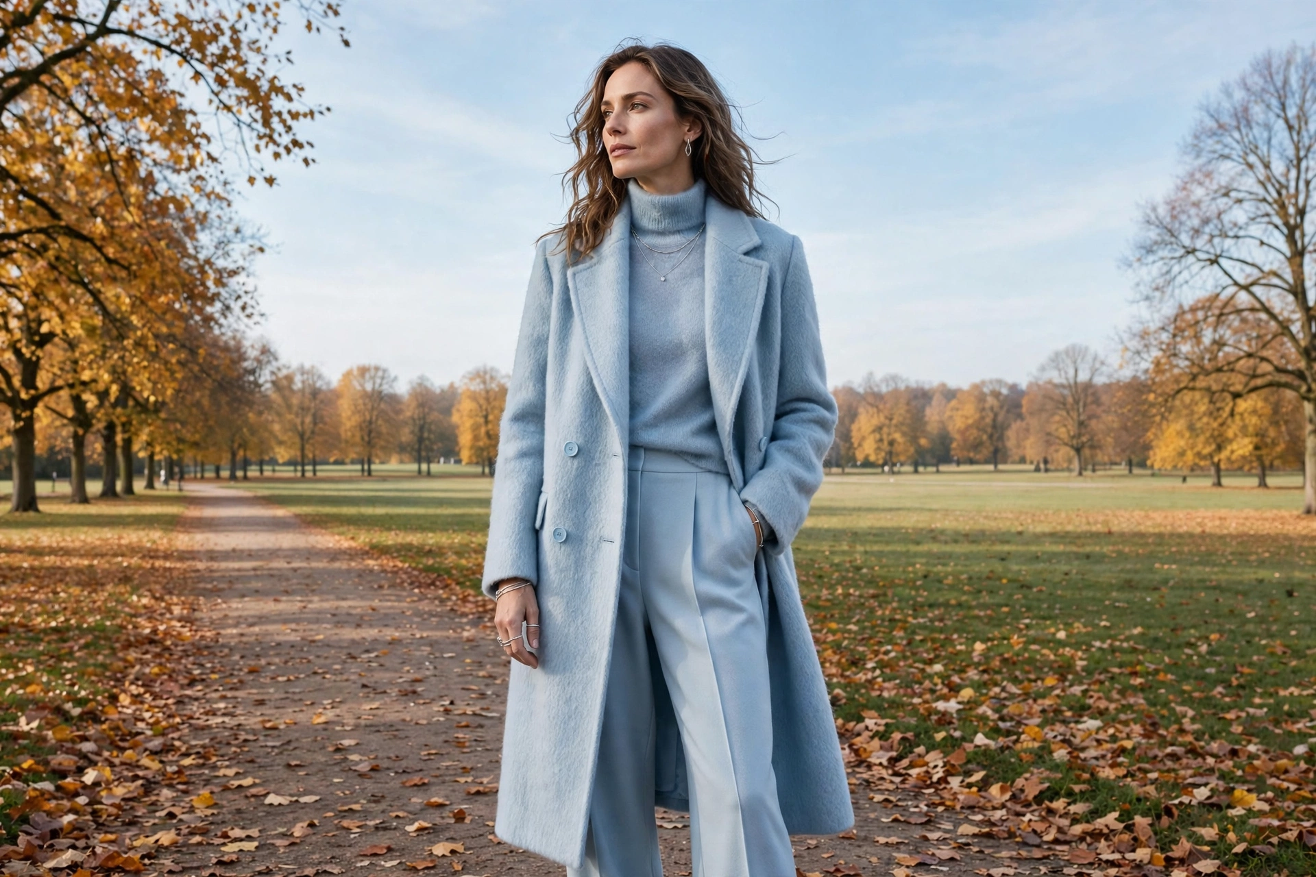Icy blue monochrome fall outfit 2026 with wool coat and turtleneck