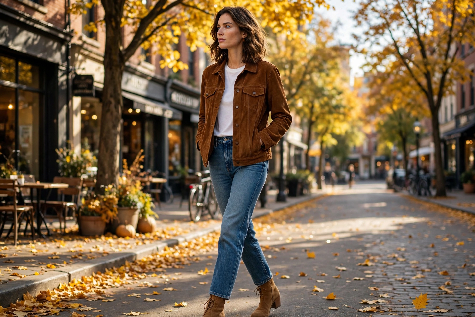 Brown suede jacket fall outfit 2026 with white tee and jeans