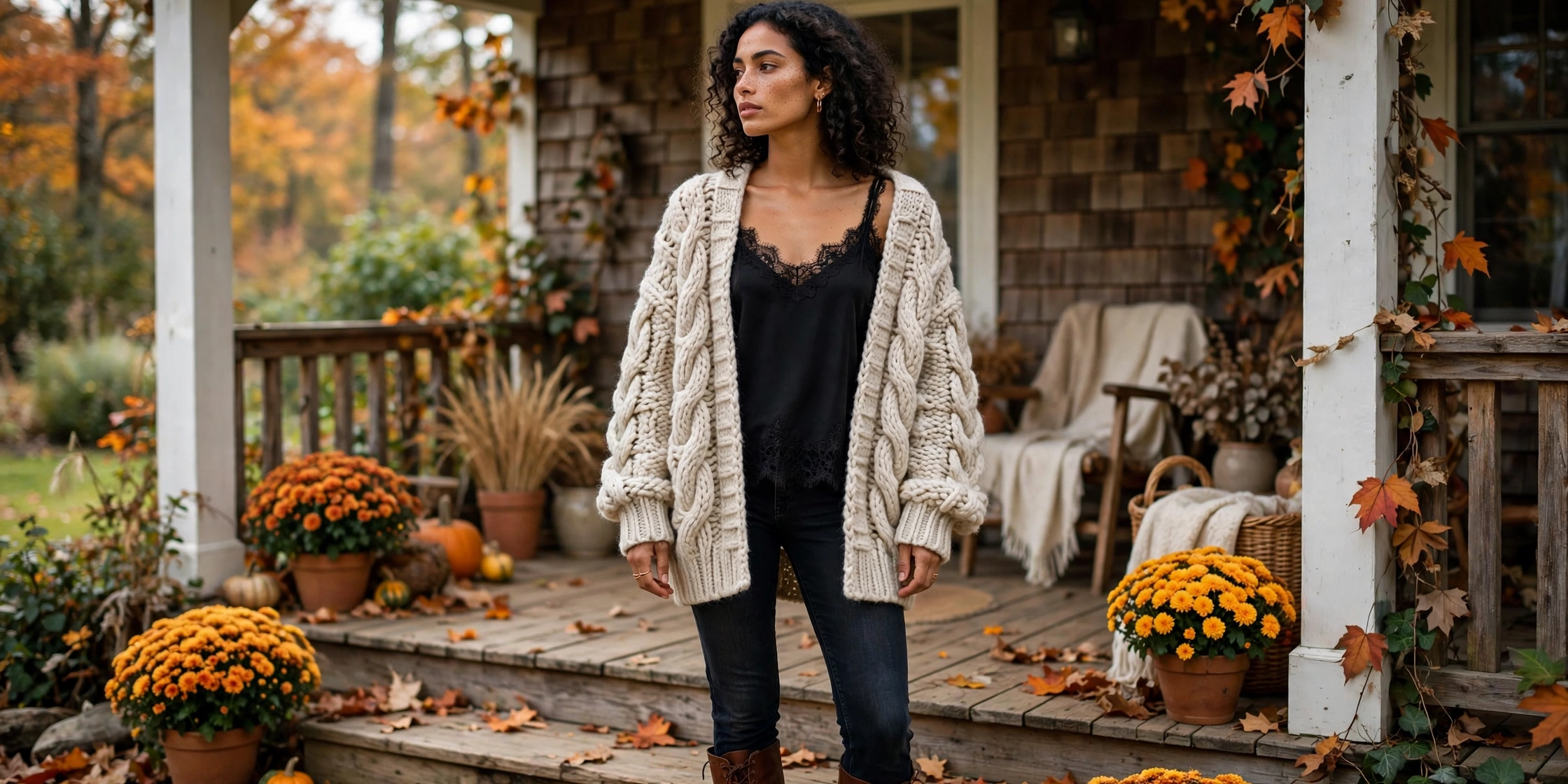 Lace trim camisole layered under chunky cardigan fall outfit 2026
